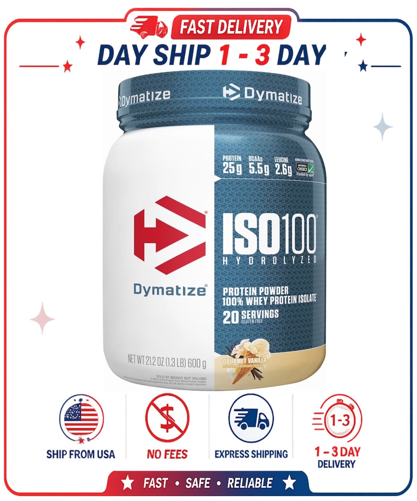 Dymatize ISO100 Hydrolyzed Whey Isolate Protein Powder, Gourmet Vanilla, 20 Serv