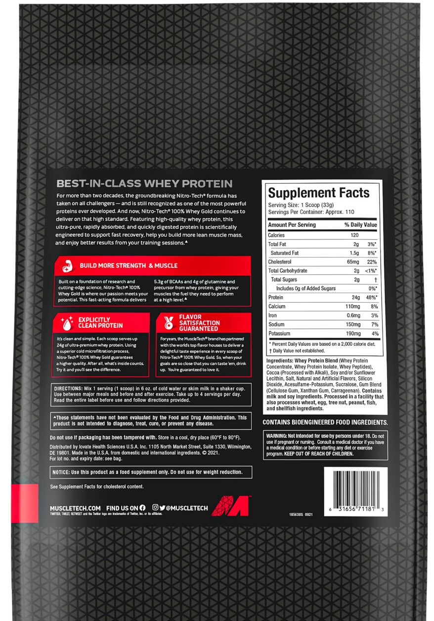 Muscletech Nitro Tech 100% Whey Gold Whey Protein Powder Rich Chocolate 8 LBS