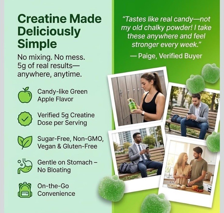 PLANT.O NUTRITION Creatine Monohydrate Gummies Sugar Free 120 Count Green Apple