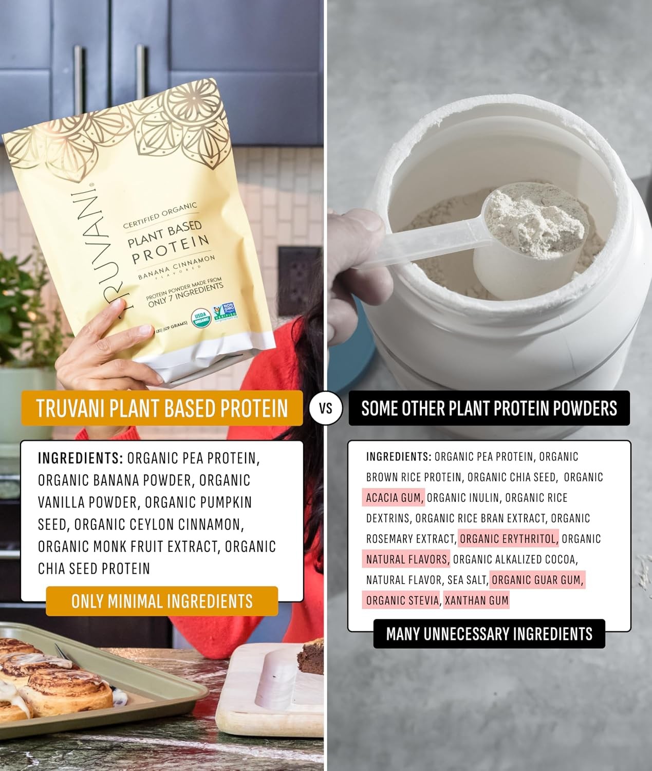 Truvani Organic Plant Based Protein Powder | Banana Cinnamon | 10 Servings | Ve