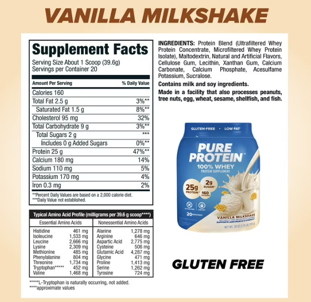 Pure Protein 100% Whey Protein Powder, Vanilla Cream, 25g Protein, 1.75 lbs