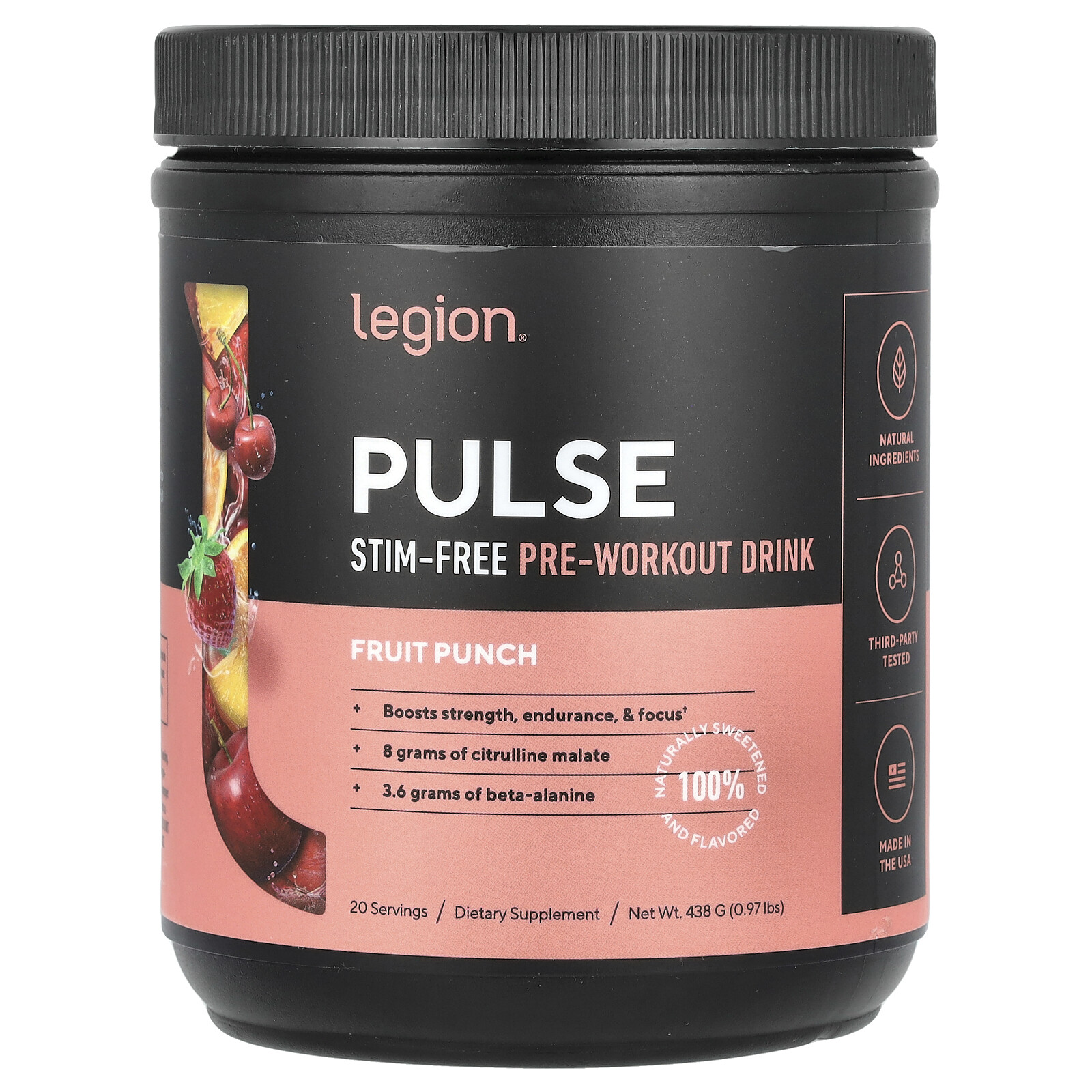 Pulse, Stim-Free Pre-Workout Drink, Fruit Punch, 0.97 lbs (438 g)