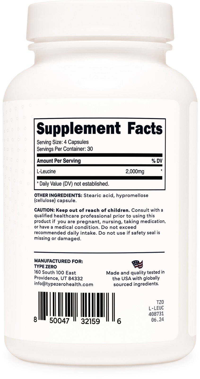 TypeZero L-Leucine Capsules (2000mg per serving) 120 capsules – 30 Servings