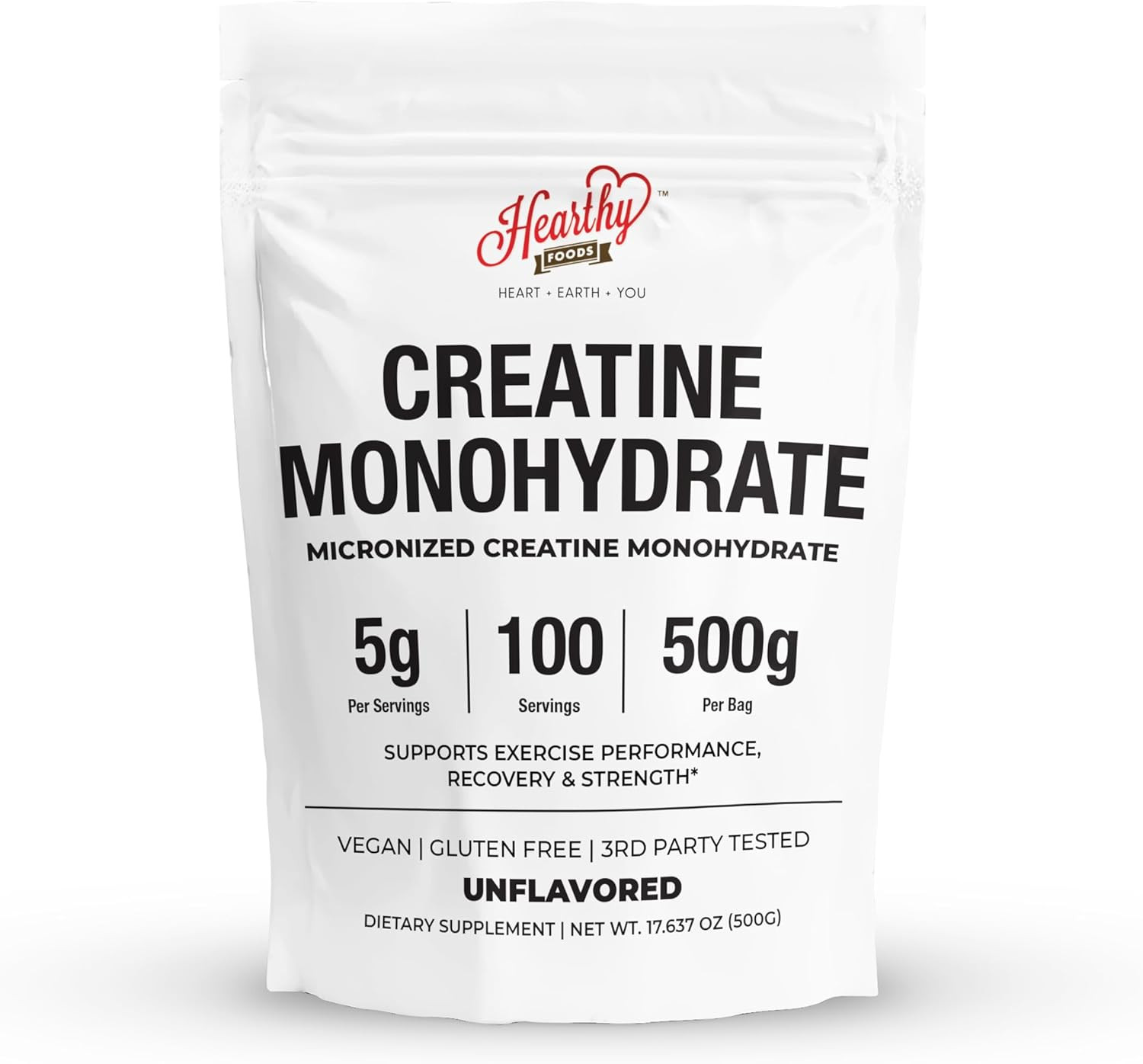HEARTHY FOODS Creatine Monohydrate Micronized Powder 500G – 100 Servings, 5000mg