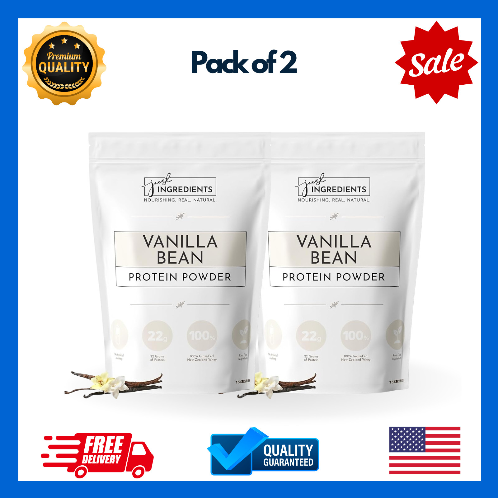 JUST INGREDIENTS Vanilla Protein Powder 15 Servings 22g Grass Fed Whey 2PK