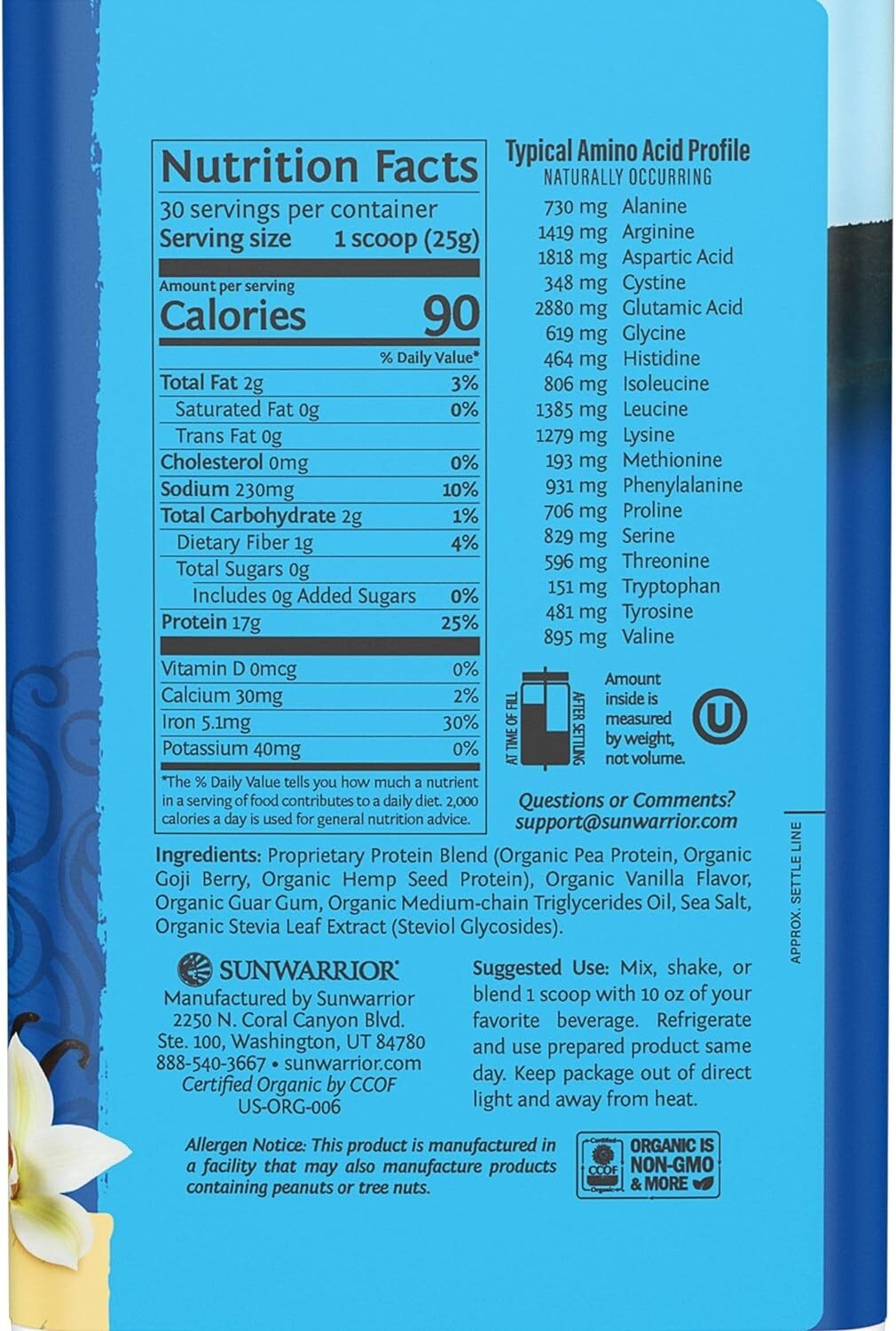 Sunwarrior Warrior Protein Powder 1.65 lbs Organic Vegan w/ BCAAs Vanilla Flavor