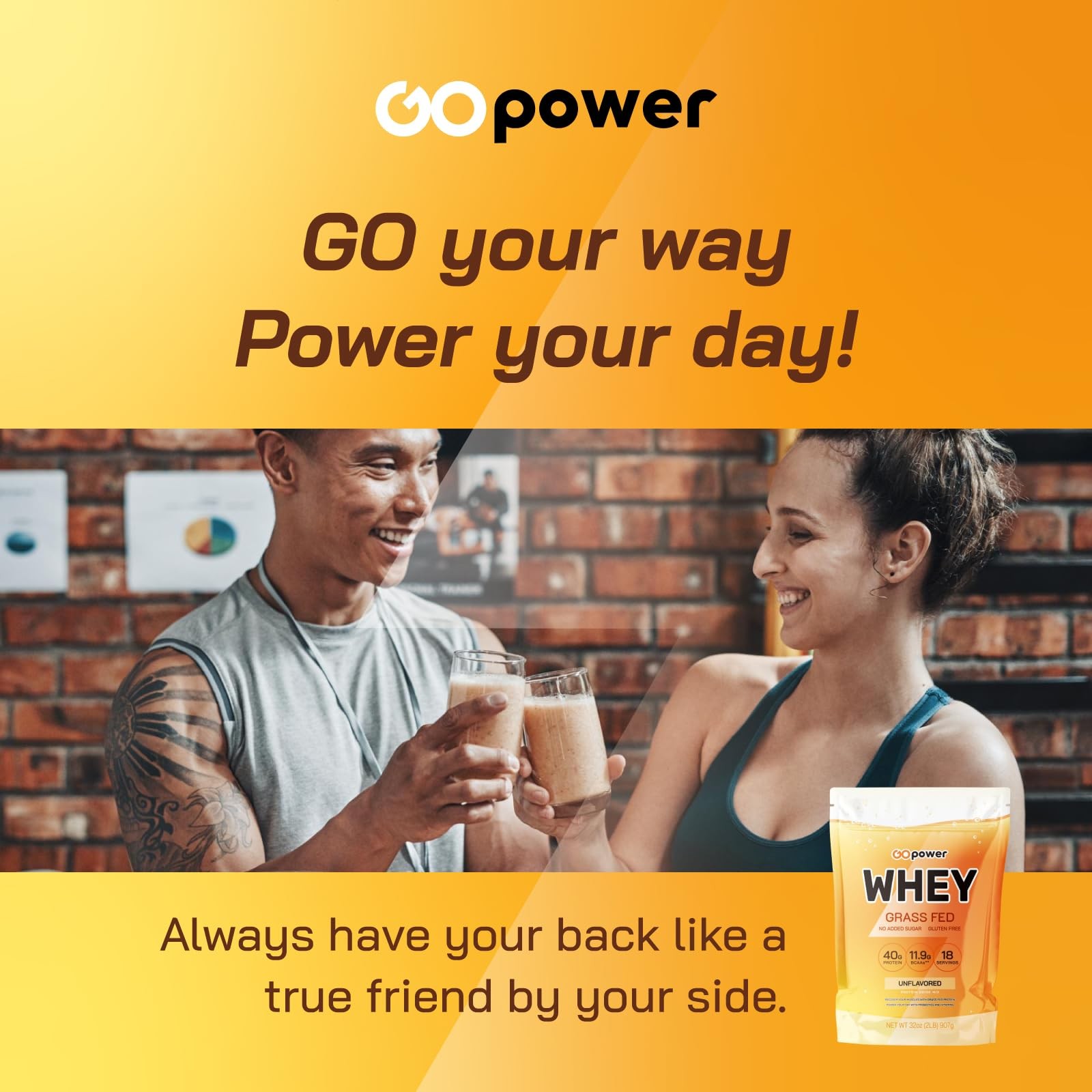 GOPOWER Whey Protein Powder, with BCAAs, Grass Fed Protein Powder, 2 Pound, 1…