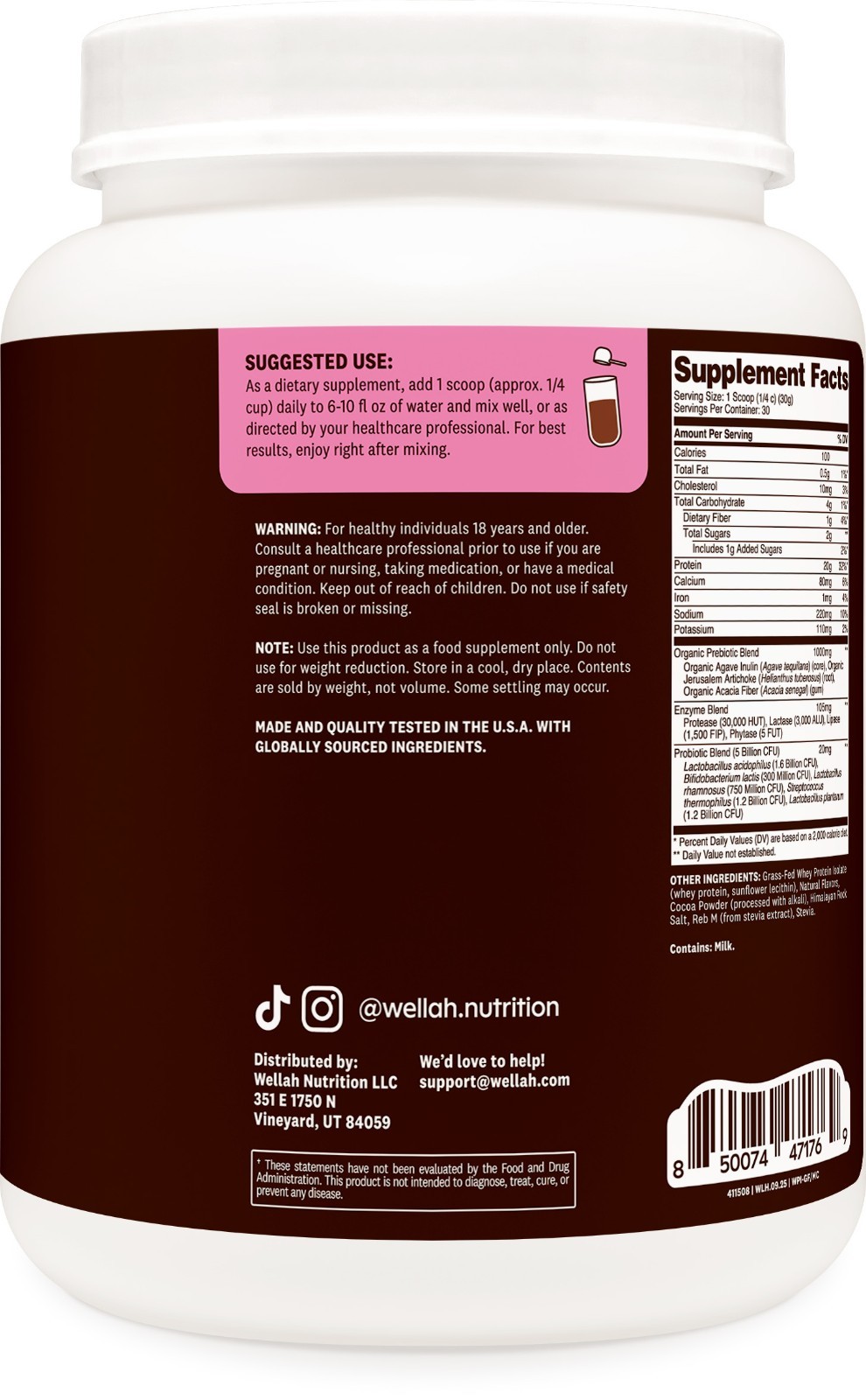 Wellah Grass-Fed Whey Protein Isolate Powder (Milk Chocolate) 30 Servings