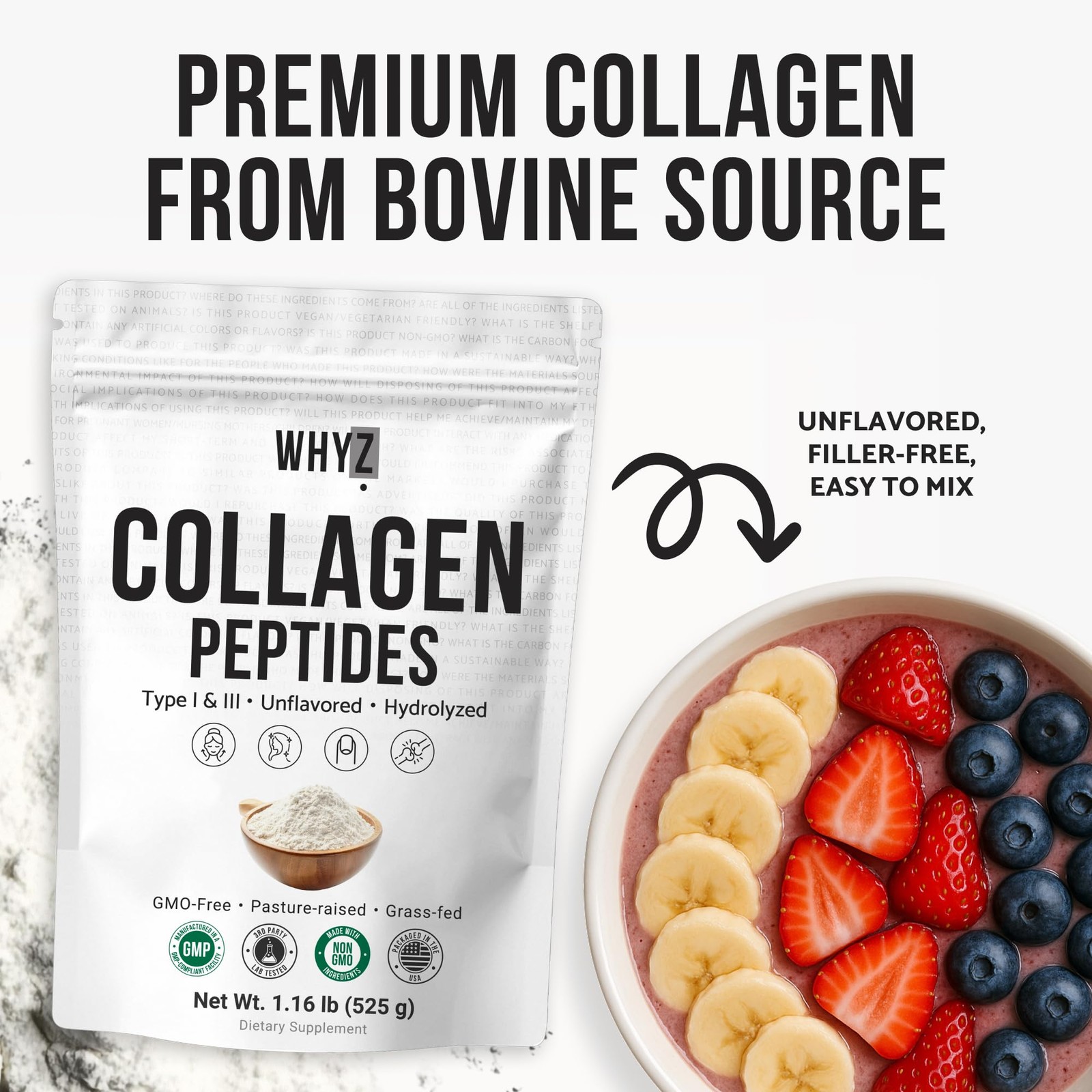 Bovine Collagen Peptides Powder Hydrolyzed Type 1.2 Pound (Pack of 1), White