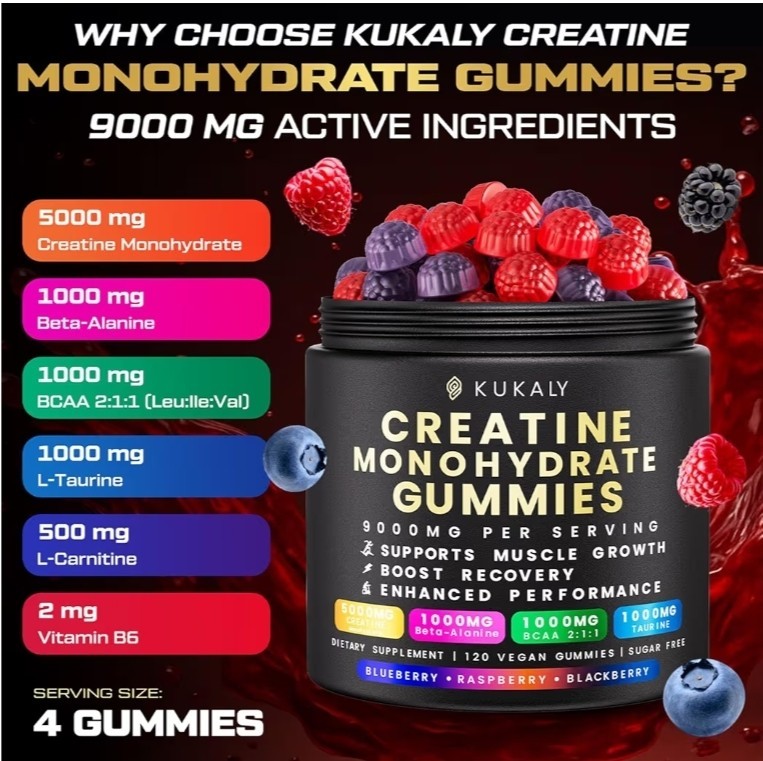 Kukaly Creatine Monohydrate Gummies for Men Women, 9000MG Creatine Gummies