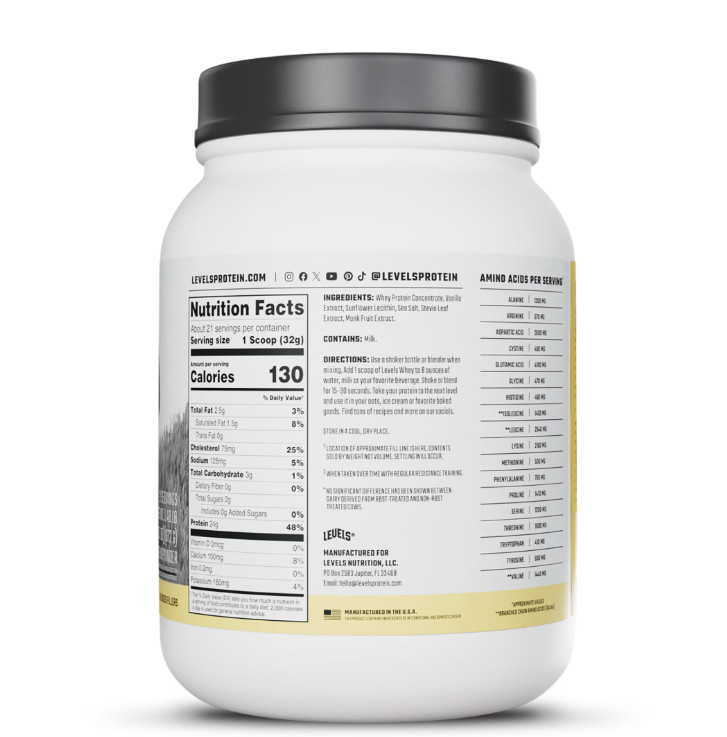 Levels Grass Fed Whey Protein Vanilla Bean 1.48lb 24g Protein