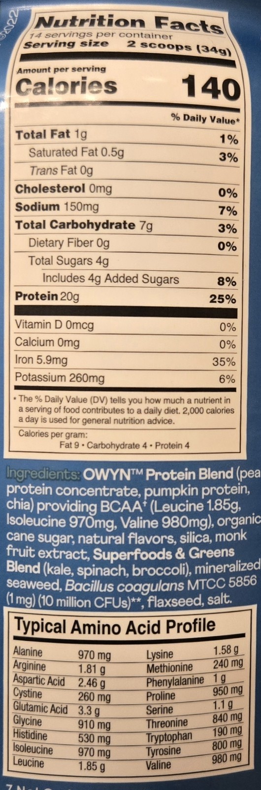 Owyn PLANT BASED PROTEIN 1lb (14 Servings) Natural Smooth Vanilla BEST BY 12/26