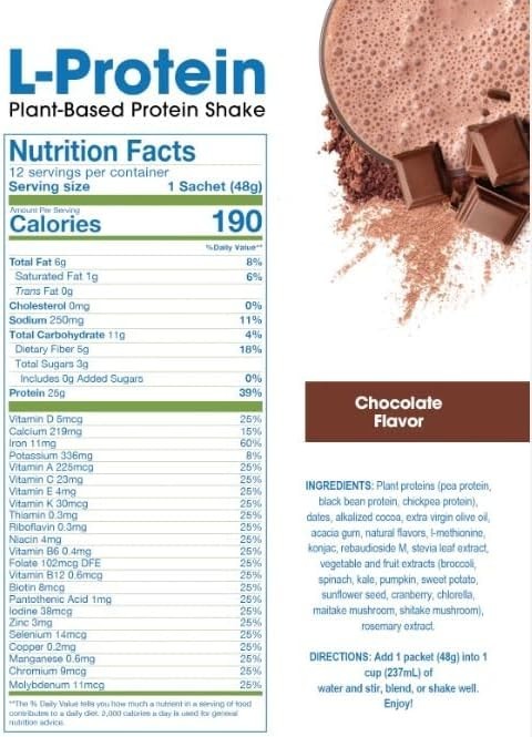 Prolon Longevity Plant-Based Protein Powder, Chocolate, 12 Packets, 25g Protein