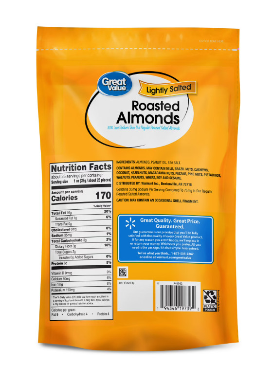 Great Value Oil Roasted Lightly Salted Almonds, 25 oz