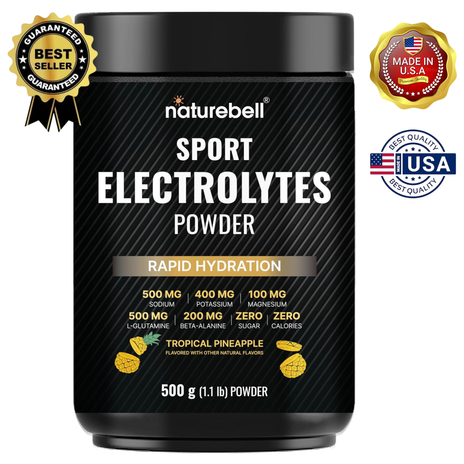 Polvo de electrolitos deportivos, sin azúcar, 52 porciones, sabor piña tropical