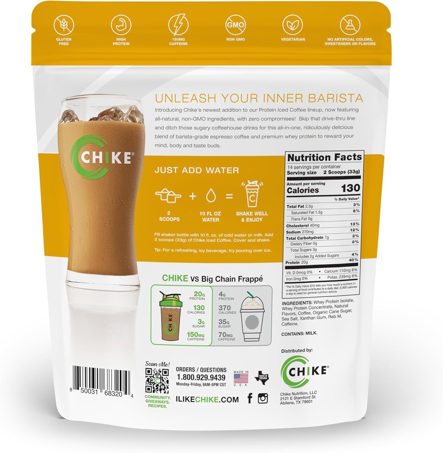 CHIKE Protein Iced Coffee Vanilla Latte Whey Protein 16.3 oz 14 Servings