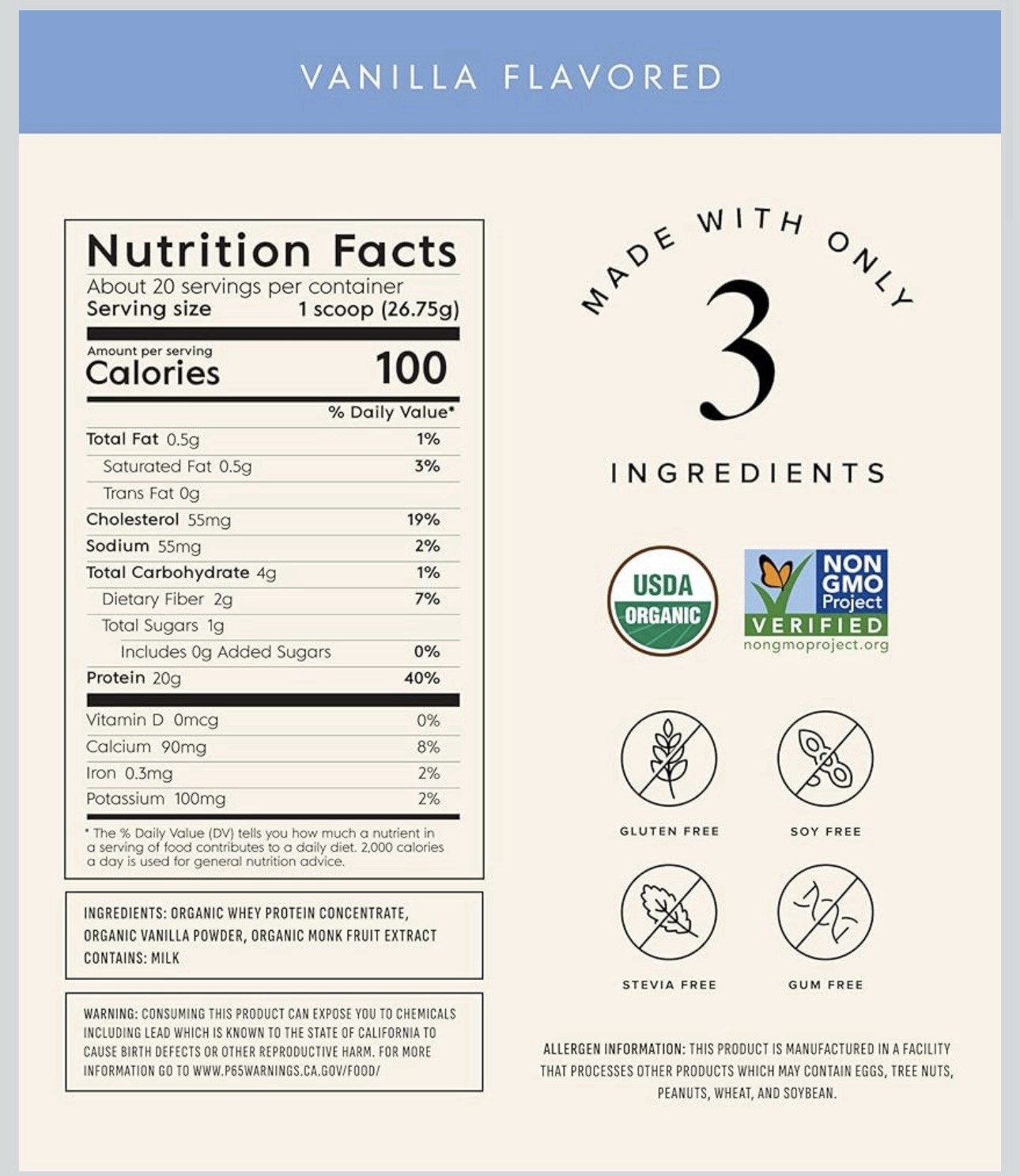 Truvani Organic Whey Protein Powder Vanilla, Non-GMO,Gluten-Free,18.87oz,Exp2028