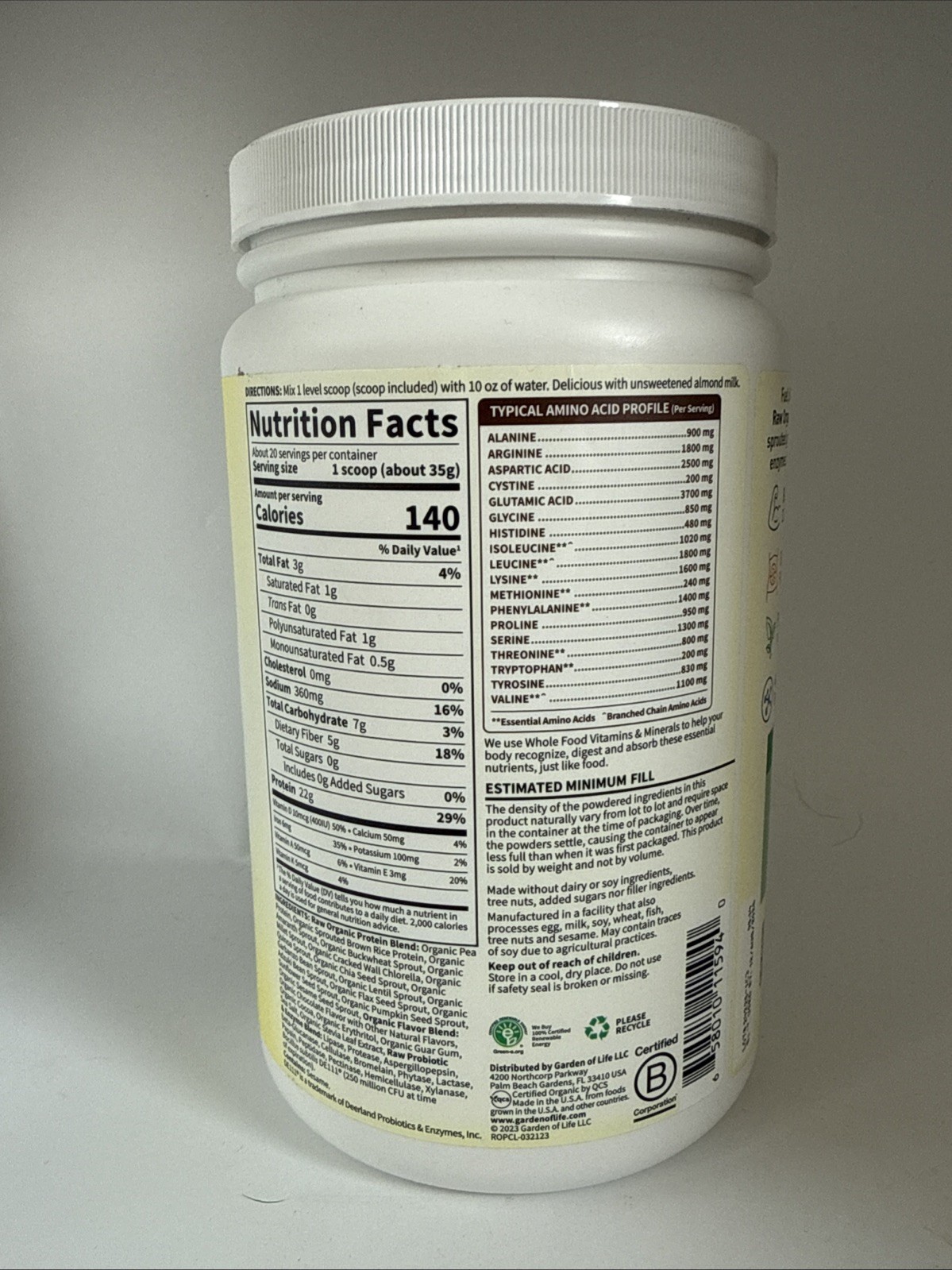 Garden of Life RAW Organic Protein Plant Based Chocolate Flavor