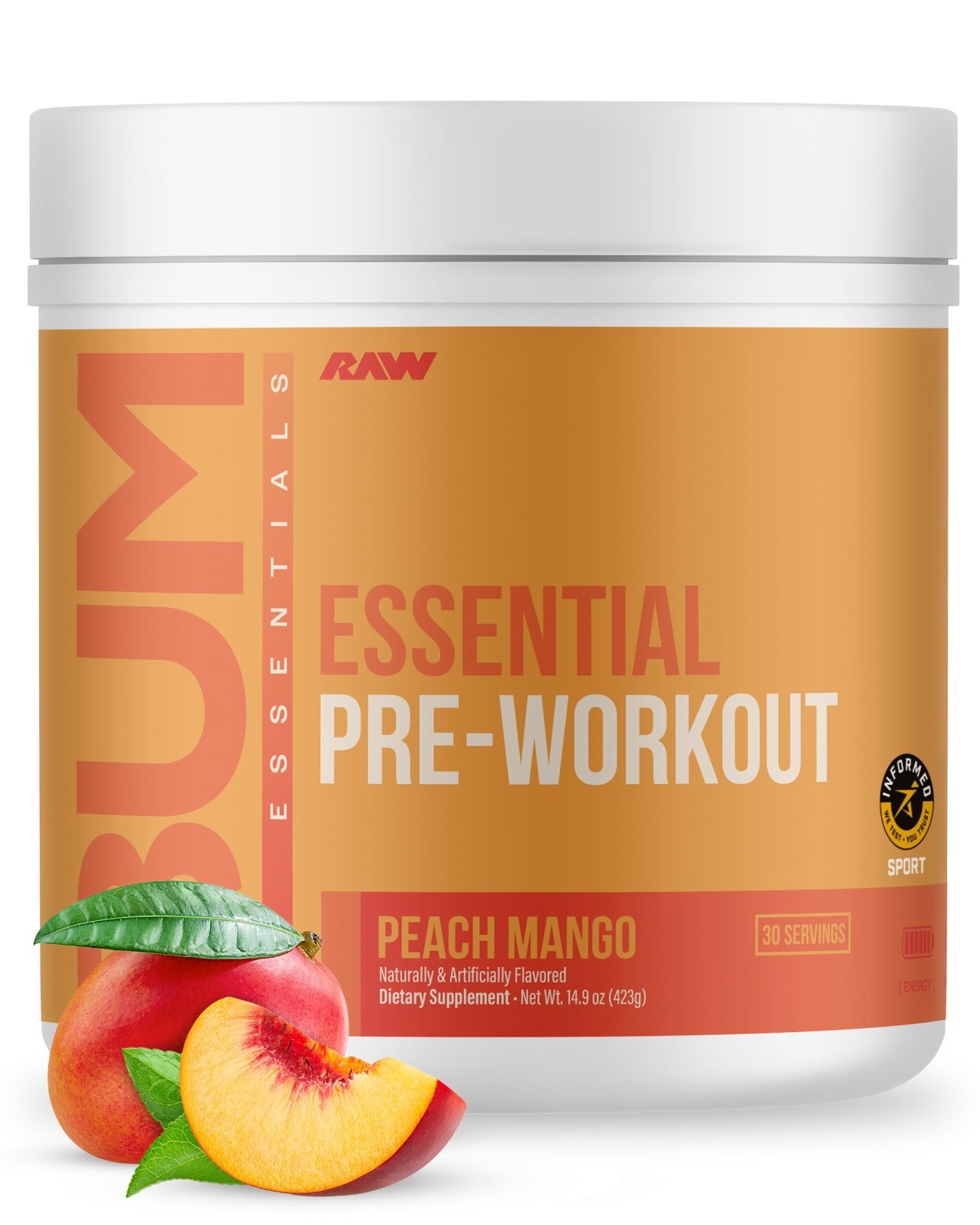 Essential Pre Workout Powder – Energy Drink for Men & Women, Peach Mango Flavor