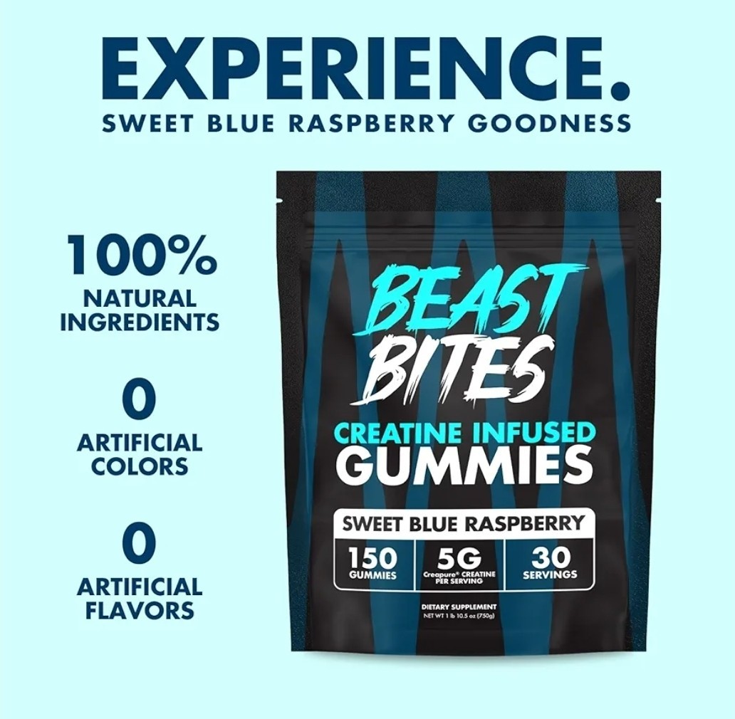 BEAST BITES Creatine Infused Gummies Sweet Blue Raspberry Vegan Gluten Free