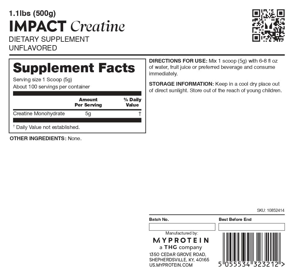 Myprotein Creatine Monohydrate Powder, 100 1.1 Pound (Pack of 1), Unflavored