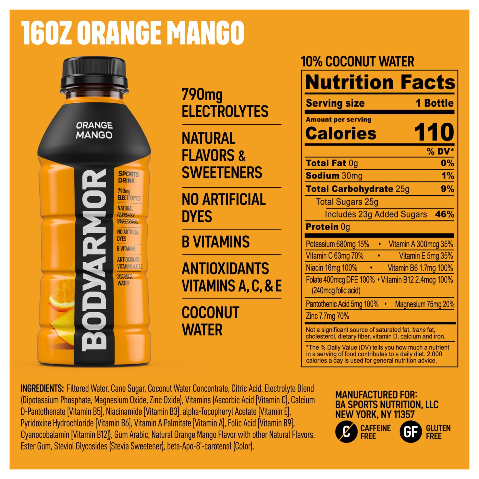 BODYARMOR Sports Drink Beverage, Orange Mango, 16 Ounce (Pack of 12)