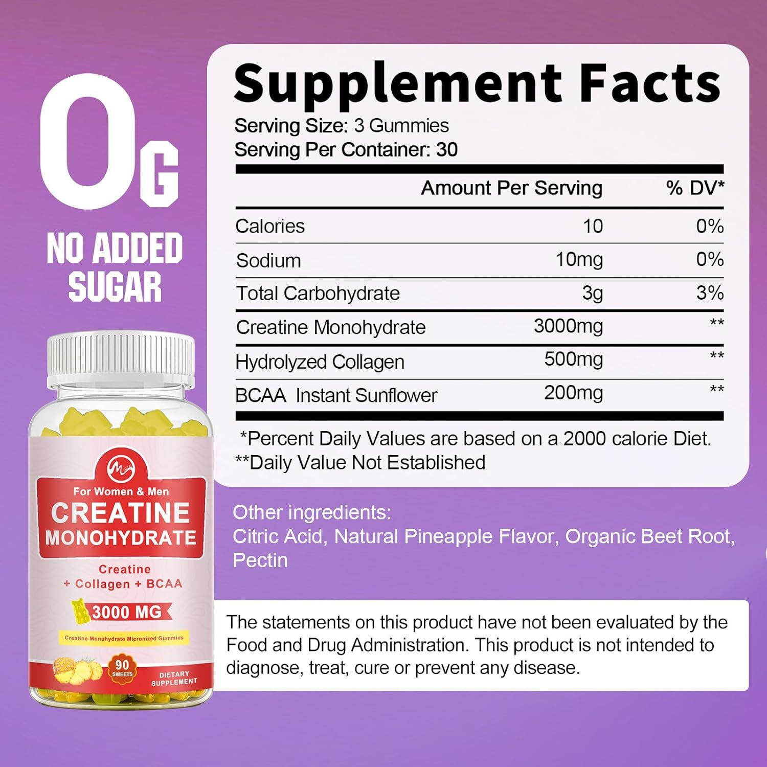 2x Creatine Monohydrate Gummies Pineapple FlavorEnergy Boost Improve Muscle Muss