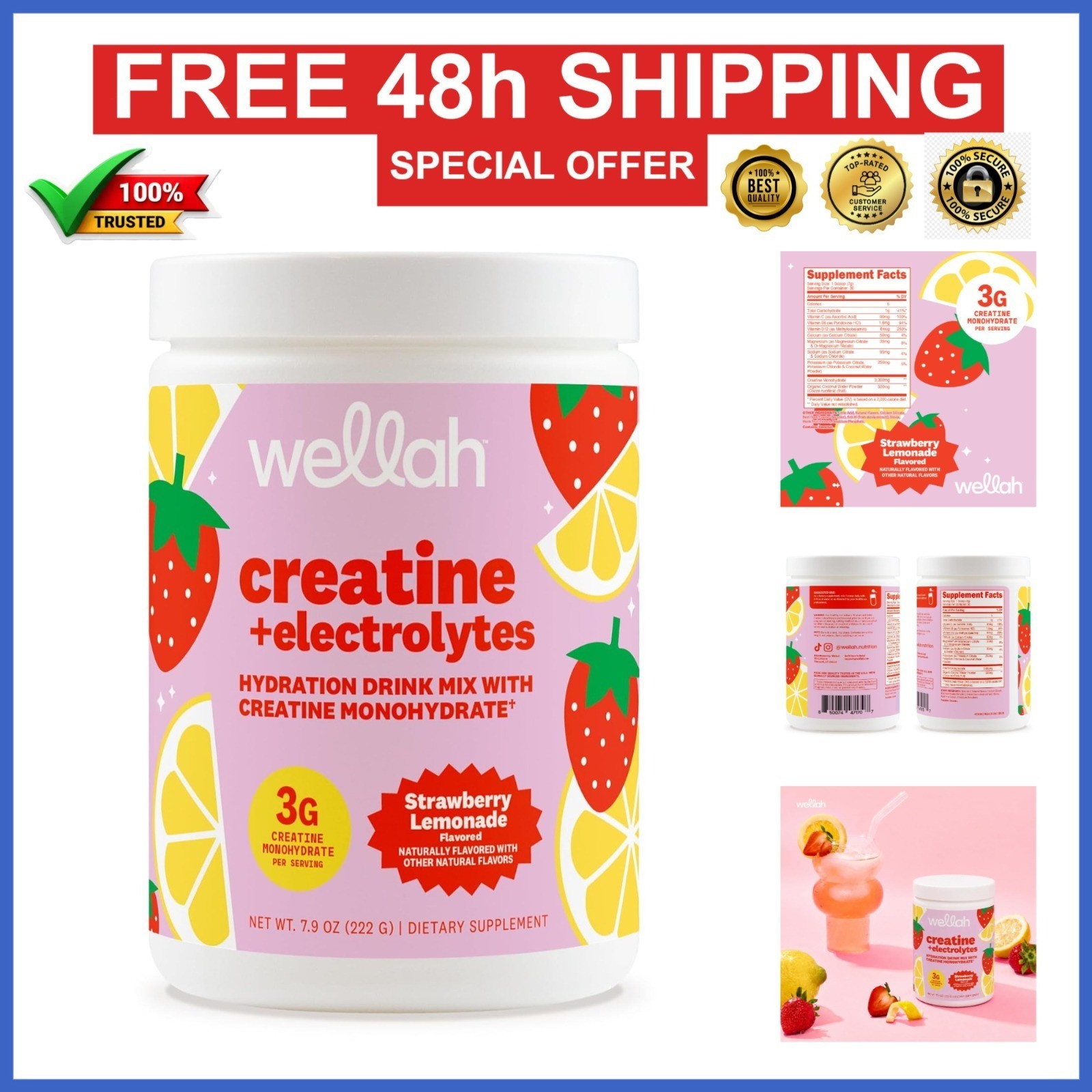 Wellah Creatine + Electrolytes Powder – Strawberry Lemonade – 30 Servings