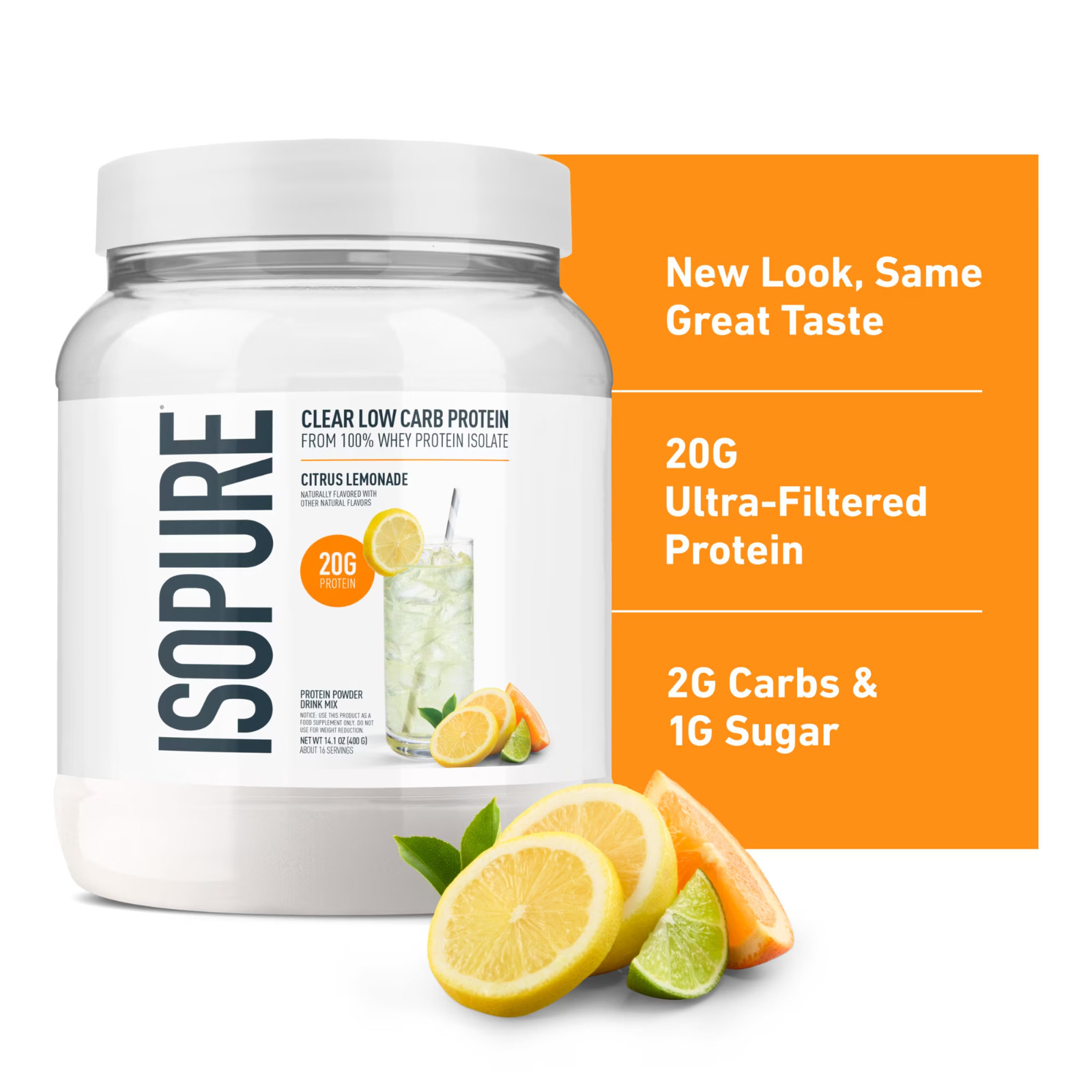 Isopure Clear Low Carb 100% Whey Protein Isolate Powder, Citrus Lemonade, 14 Oz