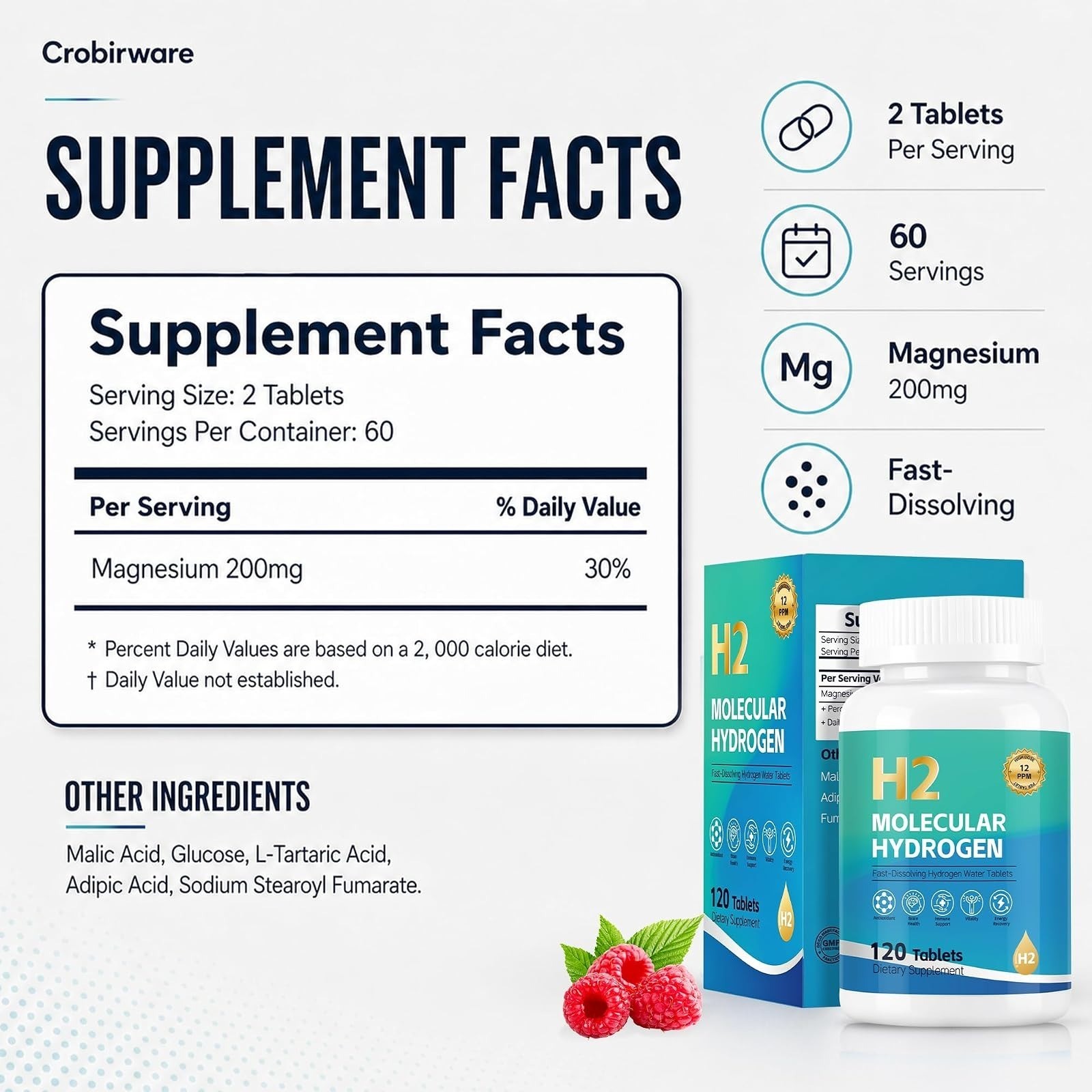 Crobirware Molecular Hydrogen Water Tablets, Raspberry Flavor, 120 Count