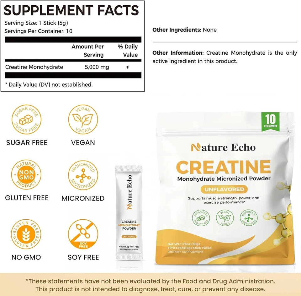 Creatine Monohydrate Micronized Powder – 10 Single-Serve Travel Packs 5G – Clean
