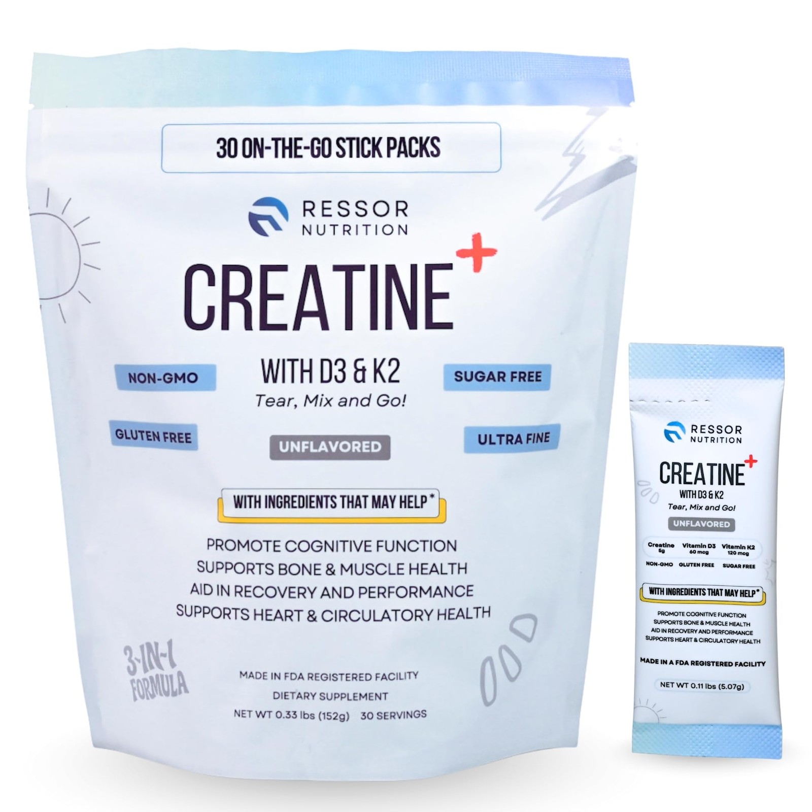 Ressor Creatine Monohydrate Powder EXP: 07/2026, 5g Micronized Creatine Travel
