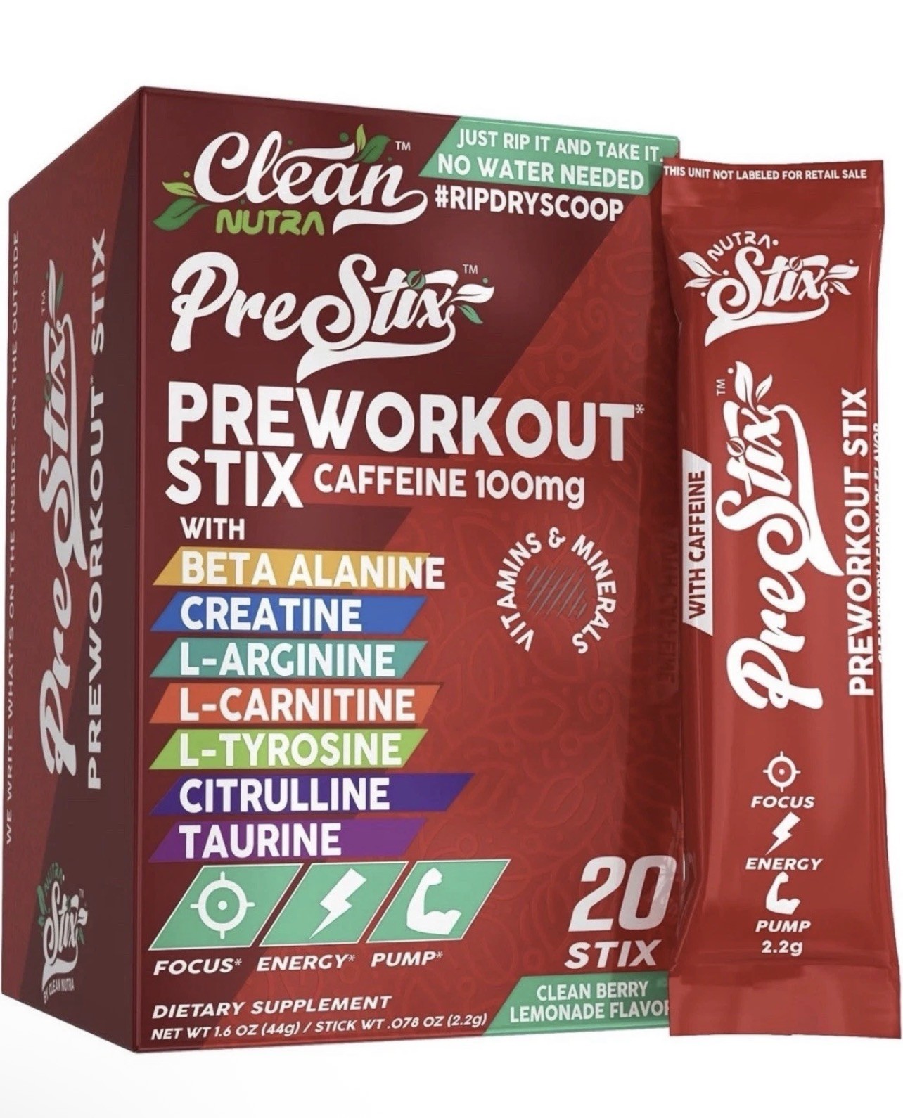 Clean Nutra PreStix Pre Workout 100mg Caffeine Creatine Berry Lemonade 20 Ct
