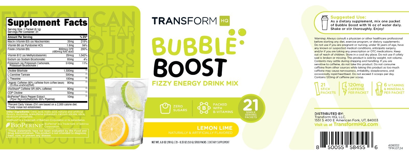TransformHQ Bubble Boost Fizzy Energy Drink Mix (Lemon Lime Flavored) 21 Packets