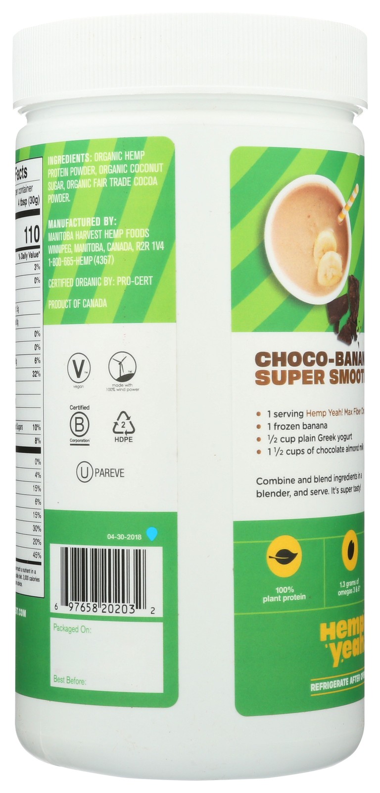 Manitoba Harvest Max Fiber Hemp Protein Powder Chocolate 16 Oz 1 Lb 1L 1 Pack