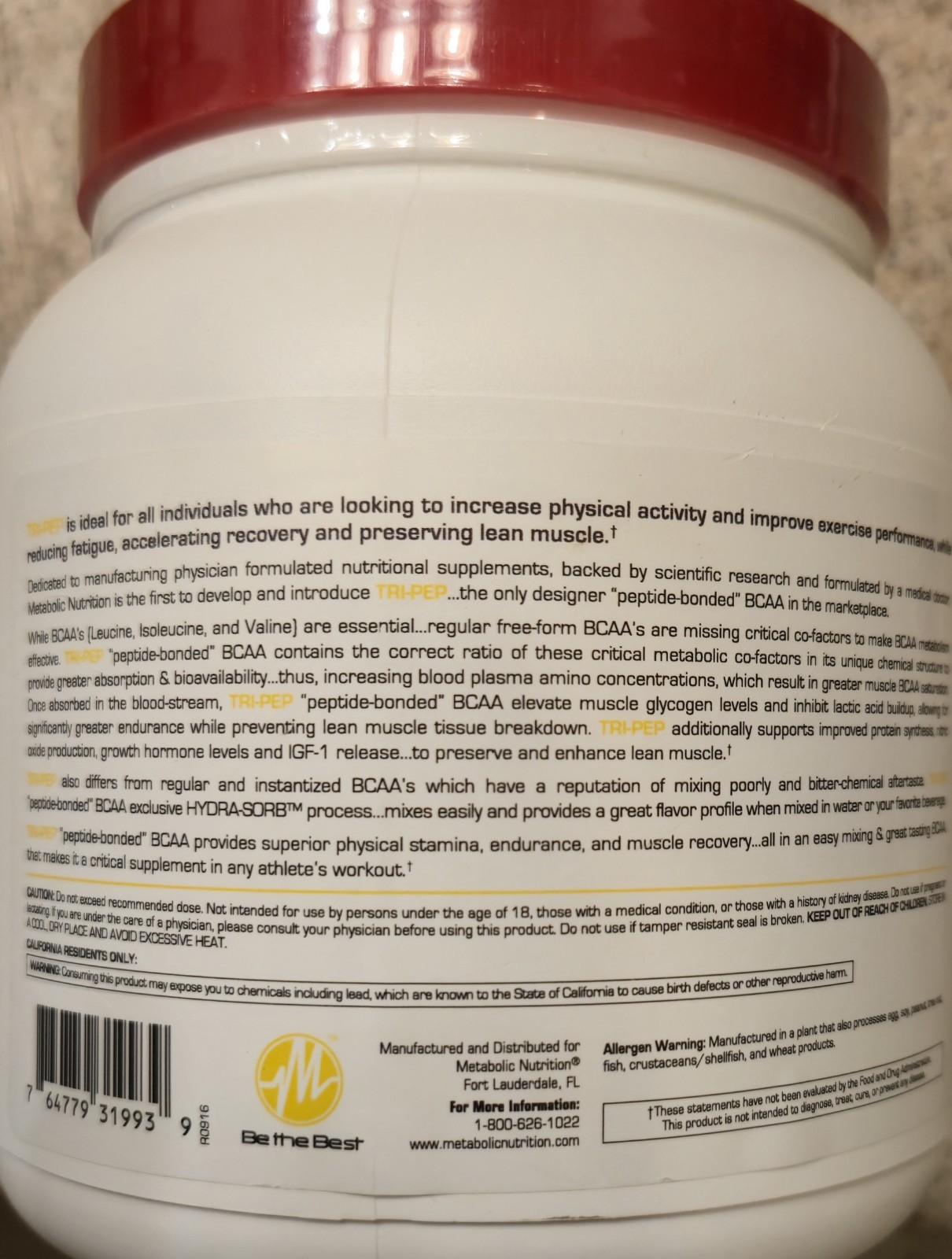 Metabolic Nutrition TRI-PEP BCAA 15oz Size (40 Serv) Natural Lemon BEST BY 11/26