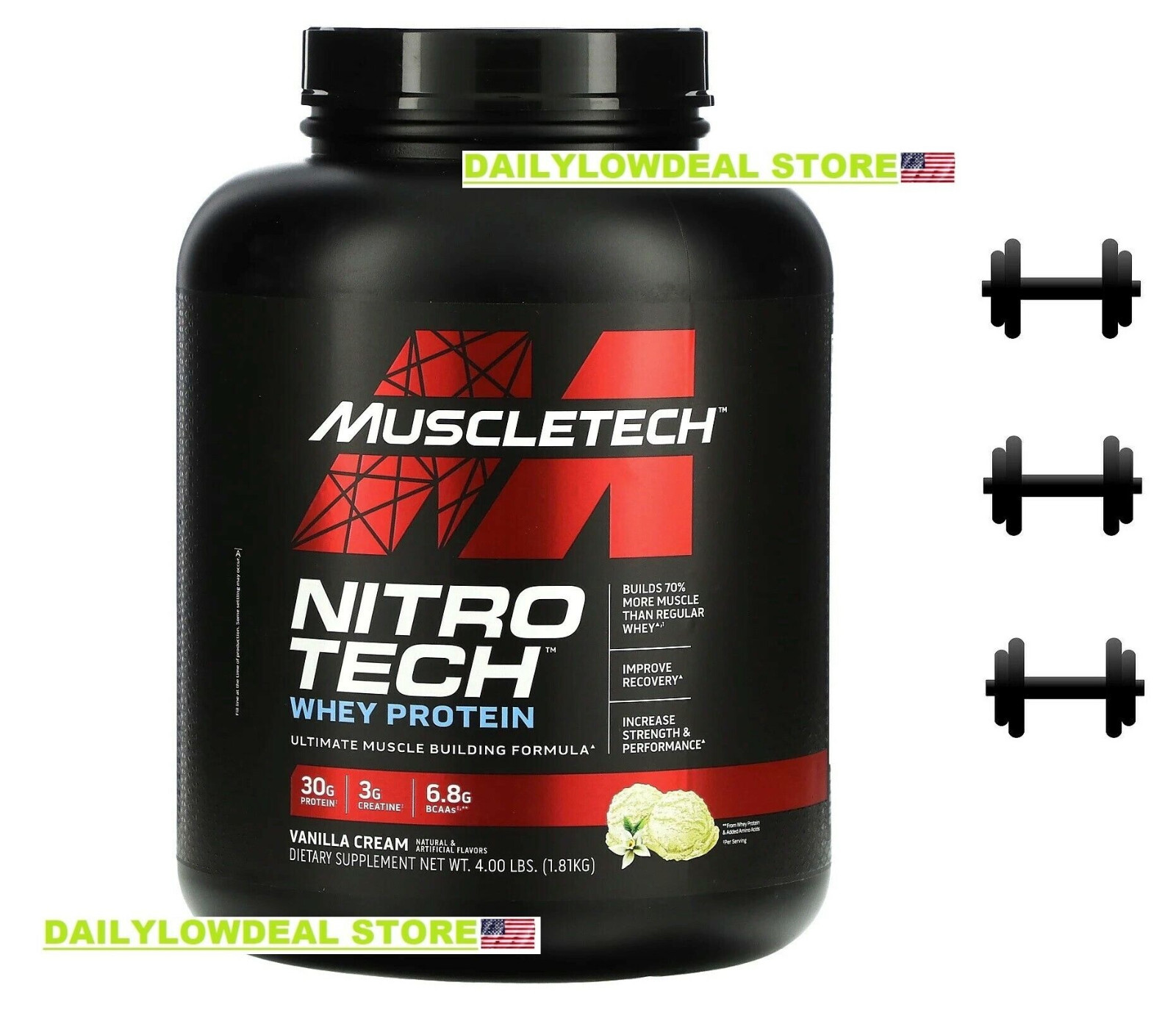 Muscletech NitroTech, Whey Peptides & Isolate Primary Vanilla 4 LB EXP: 03/2026