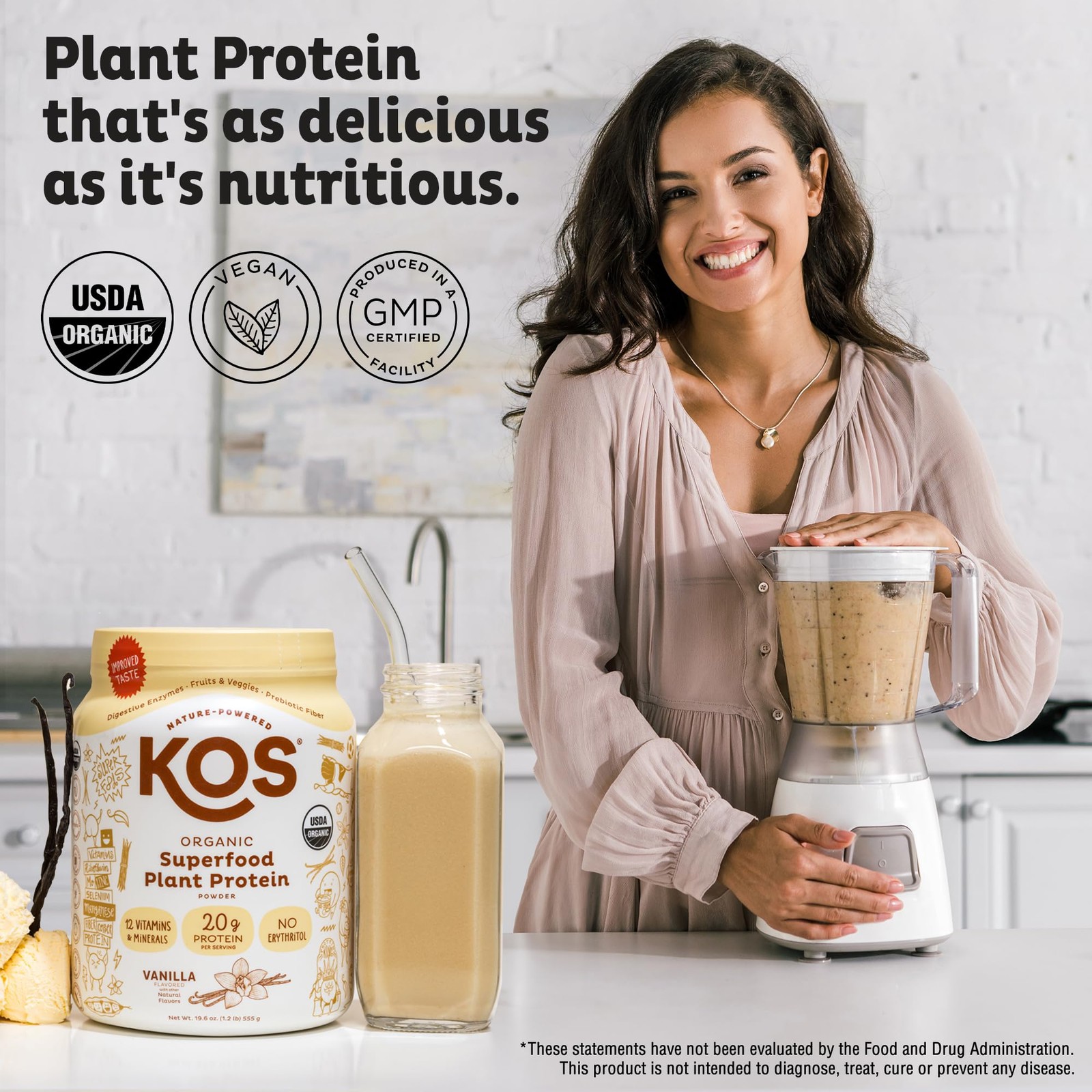 KOS Plant Based Protein Powder, Vanilla USDA Organic 13.05 Ounce (Pack of 1)