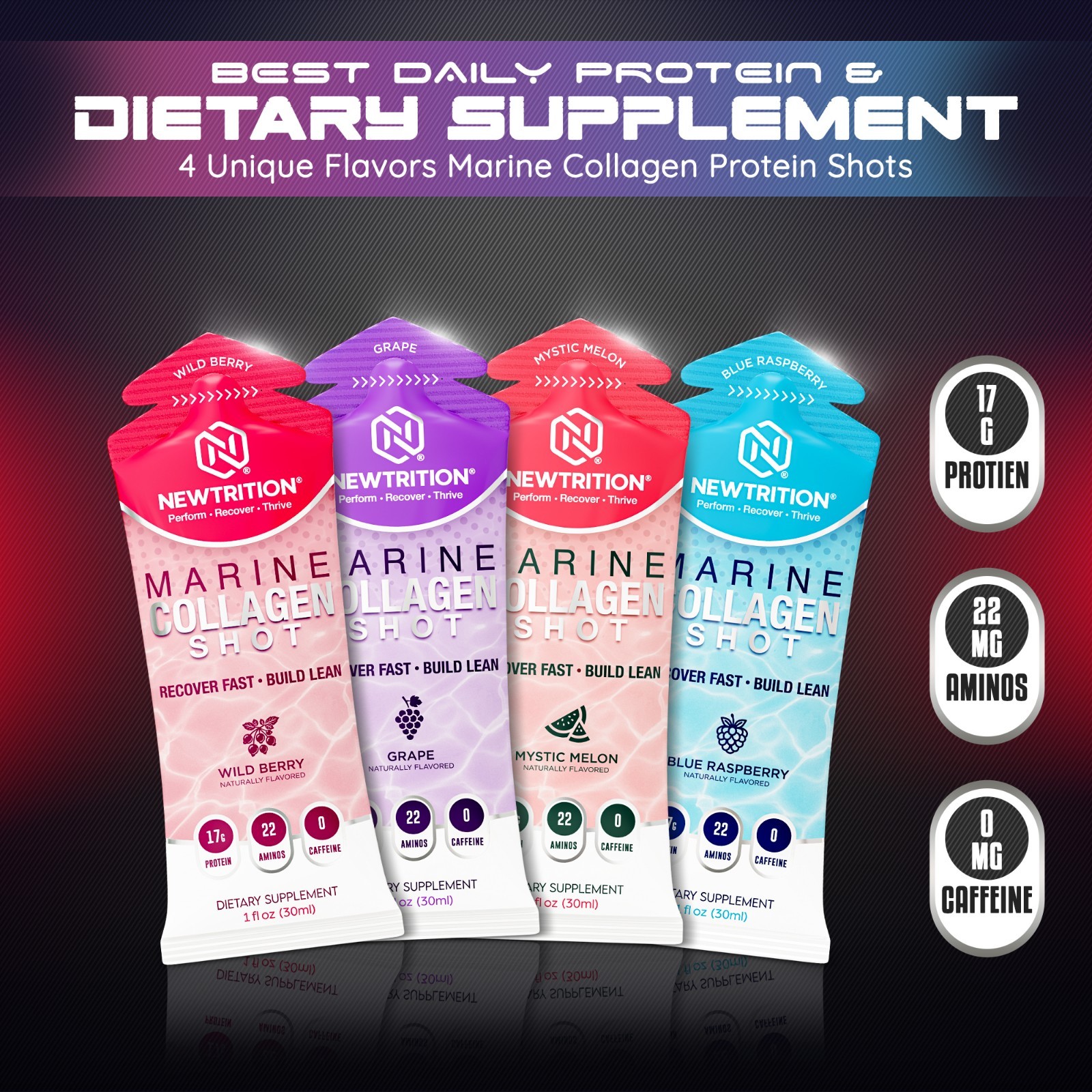 NewTrition 17,000mg Marine Collagen Protein Shots – 22 Amino Acids – B12 – 24 Ct