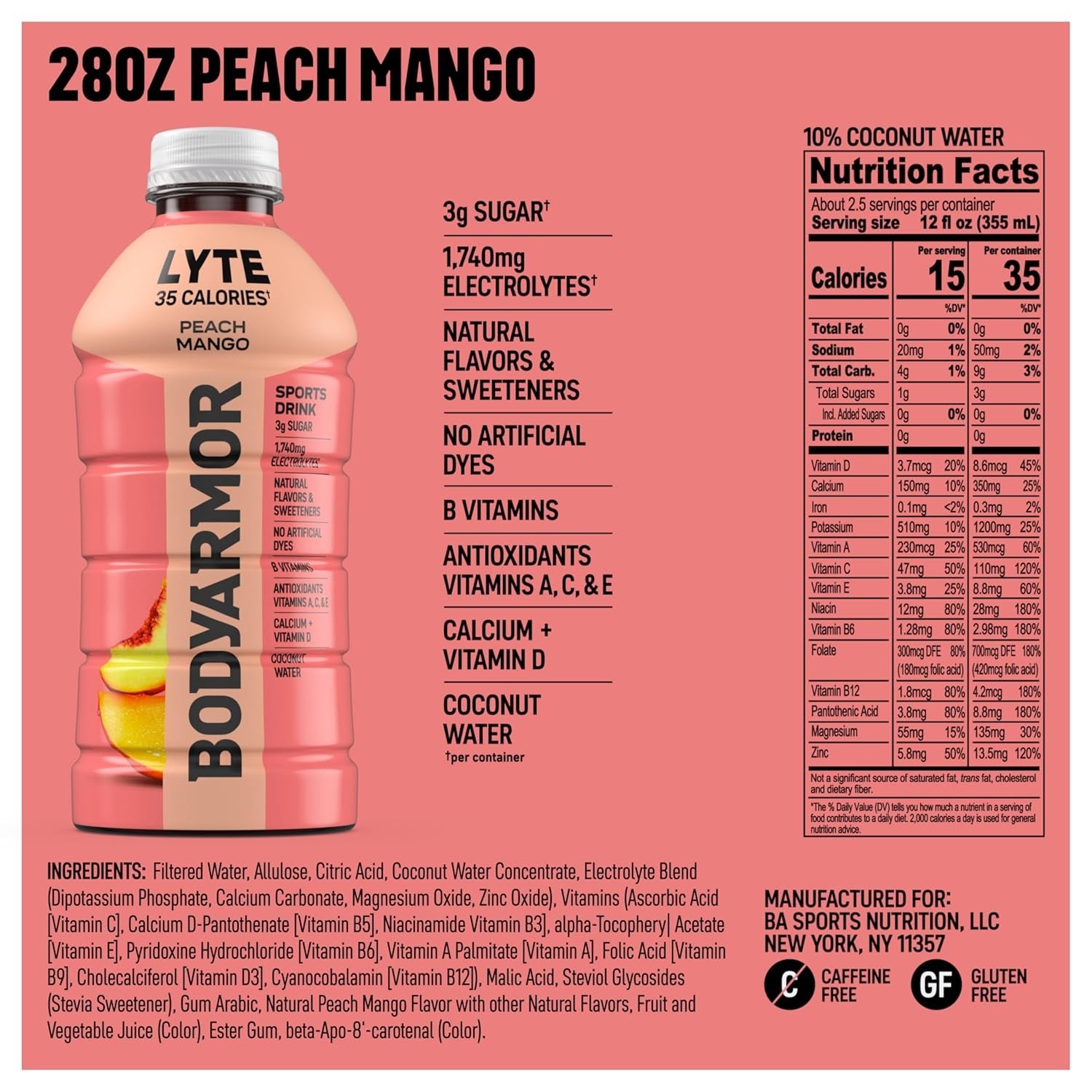 BodyArmor L Yte Electrolyte Drink Peach Mango 28 Fl Oz Pack Coconut Water Sports