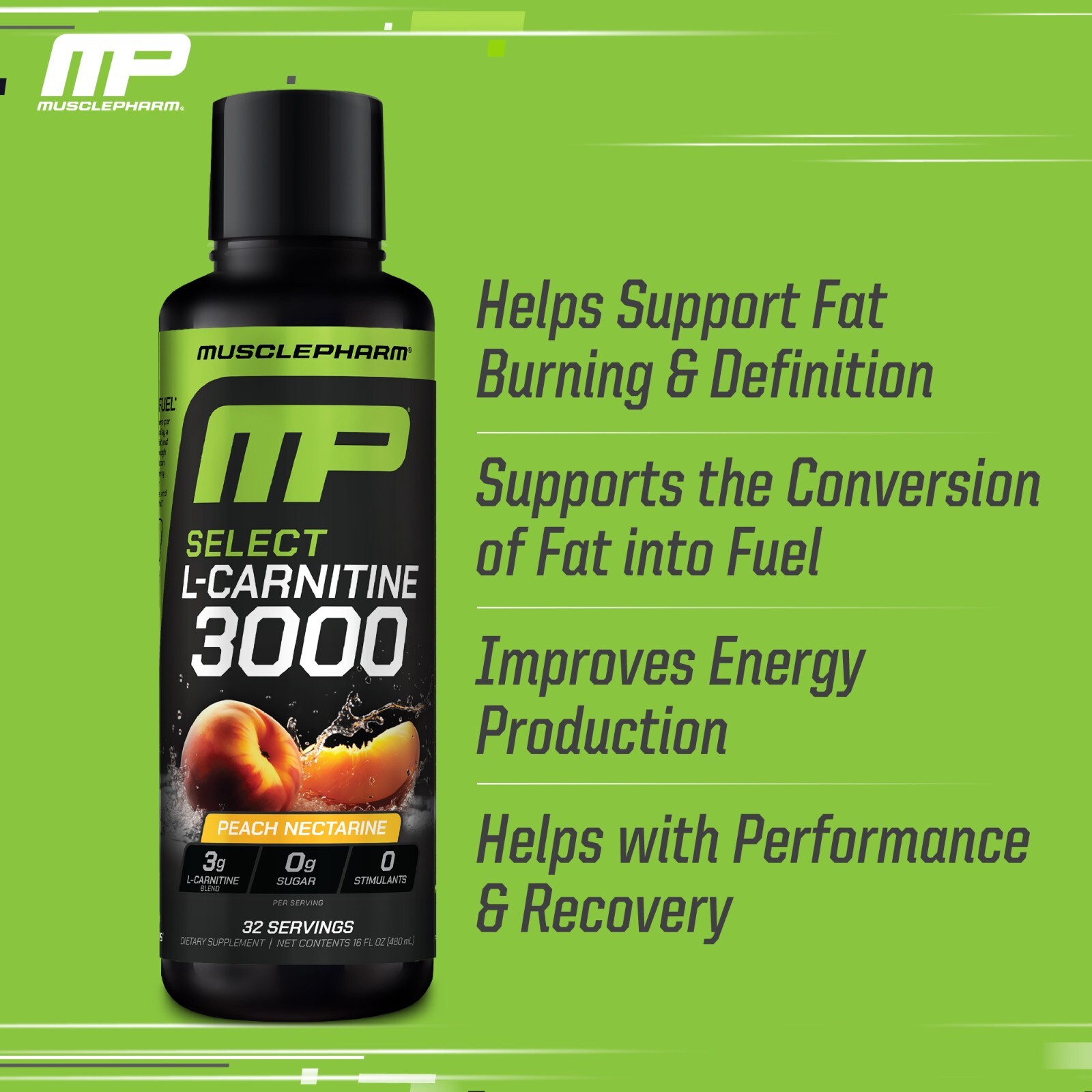 MusclePharm High Performance Liquid L-Carnitine 3000 Peach Nectarine 32 Servings