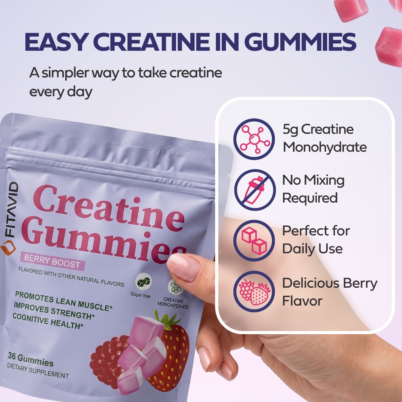 FITAVID Creatine Monohydrate Gummies 5g Per Serving 36 Count Mixed Berry