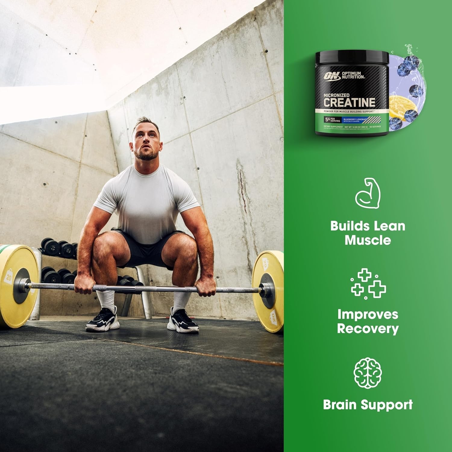Micronized Creatine Monohydrate Powder, Blueberry Lemonade Flavor, 60 Servings