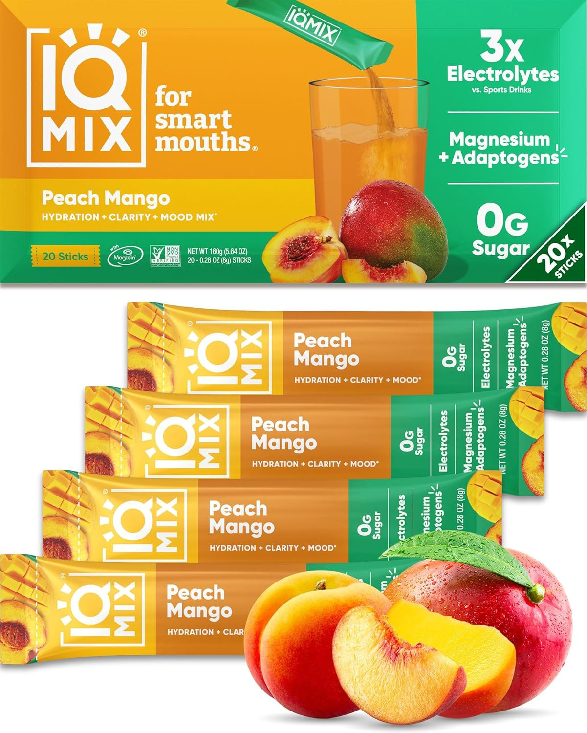 IQMIX Electrolyte Powder, Peach Mango, Sugar Free Keto Hydration Mix, 20ct