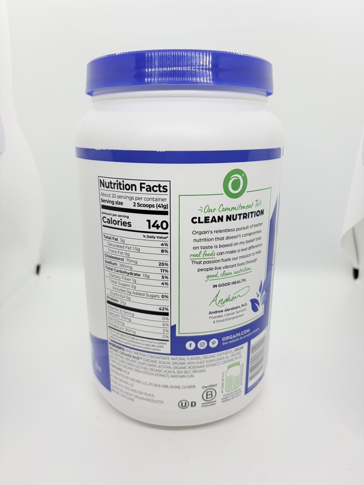 Orgain Grass Fed Whey Protein Powder Vanilla 21g Protein 20 serv. EXP 7/27
