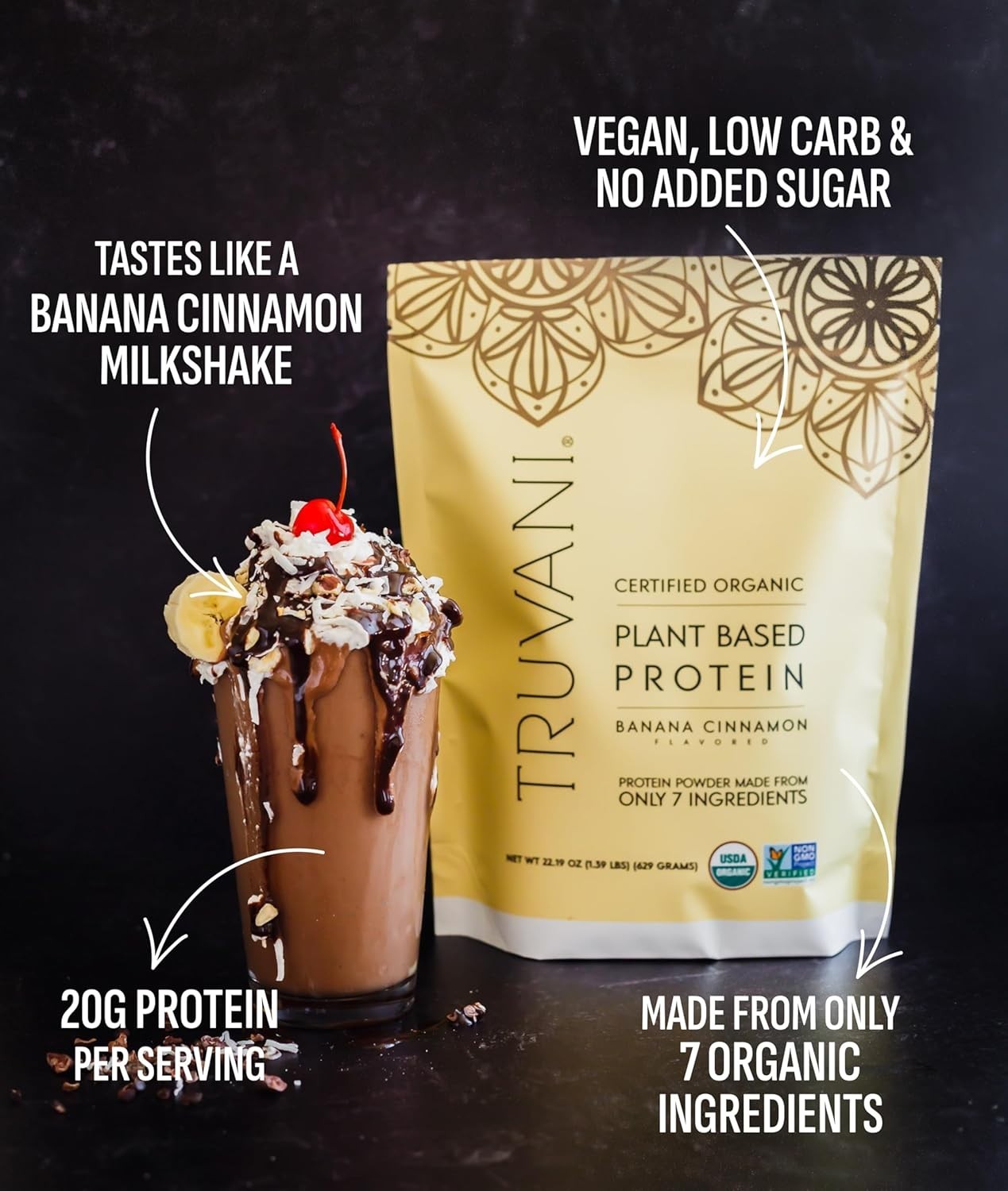 Truvani Vegan Pea Protein Powder | Banana Cinnamon | 20g Organic Plant Based Pro
