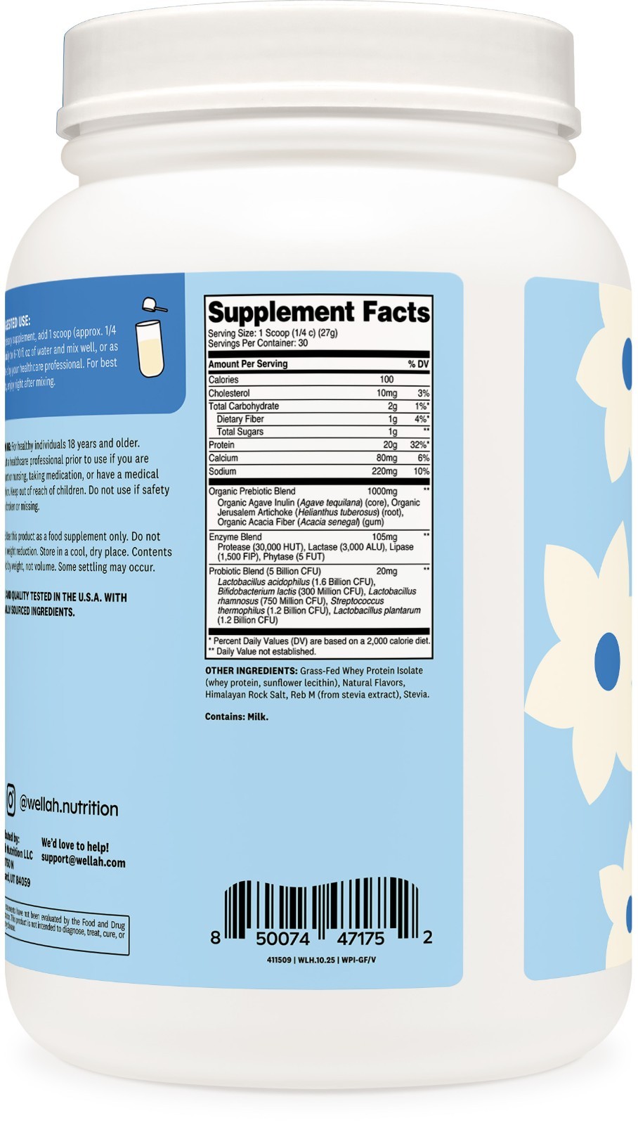 Wellah Grass-Fed Whey Protein Isolate Powder (Vanilla) 30 Servings -100 Calories