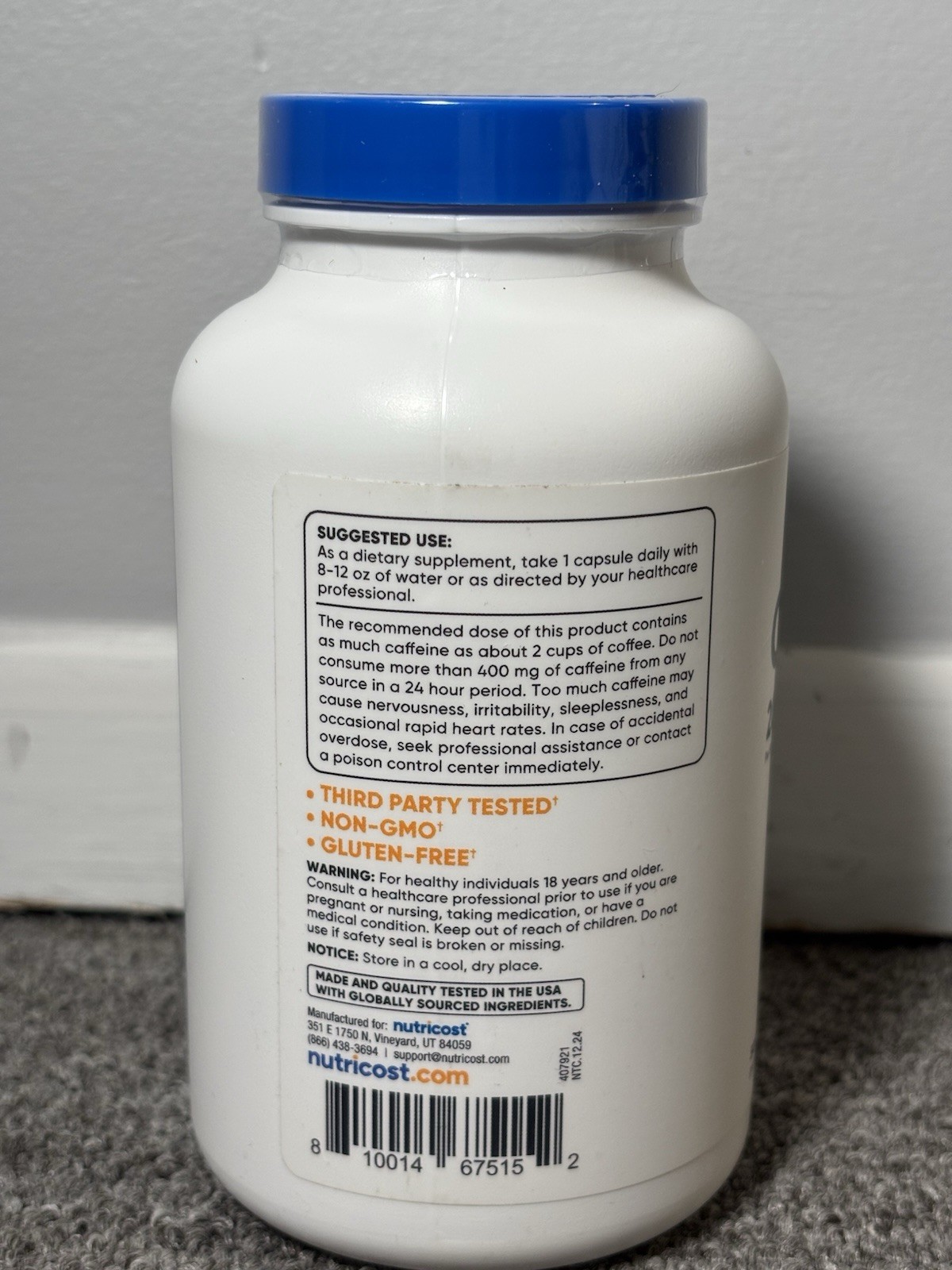 Nutricost Caffeine Pills, 500 Capsules, 500 Servings, 200mg Per Serving EXP 2/28