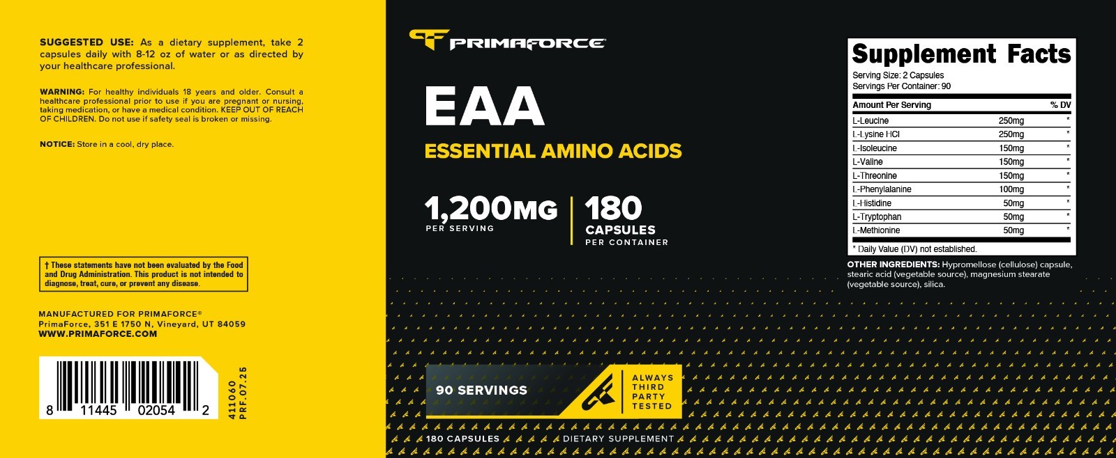 PrimaForce EAA Capsules 1200mg, 180 Capsules, 90 Servings – Essential Amino Acid