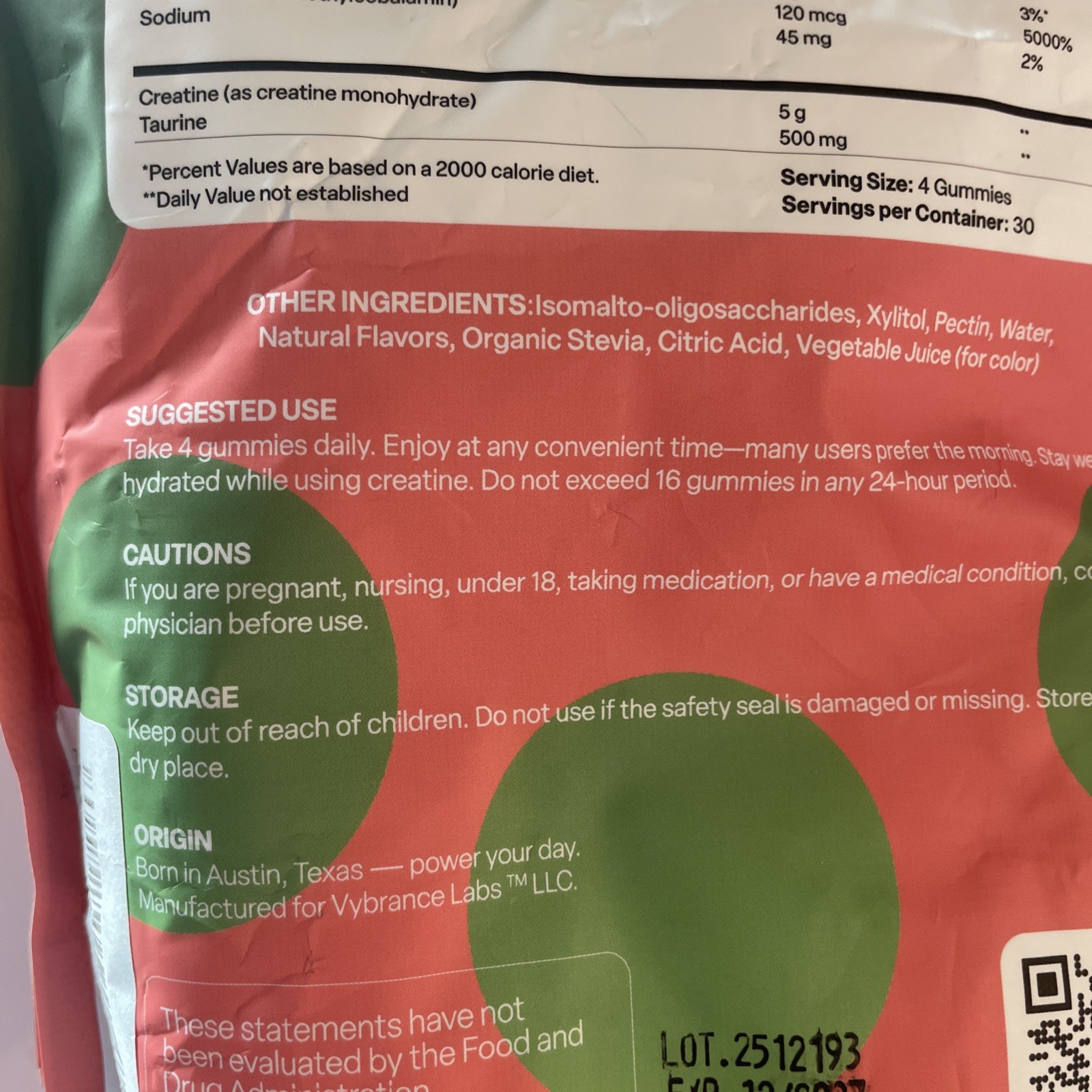 Vybrance Labs Creatine Monohydrate Gummies Watermelon 30 Servings Sugar-Free Gl…